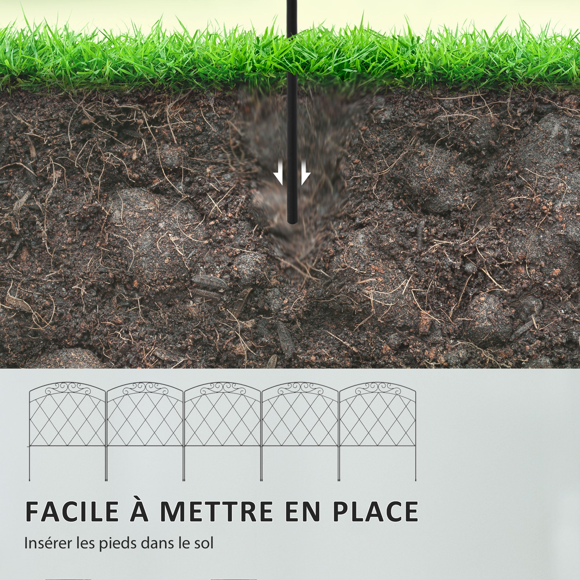 Set of 5 decorative garden fences, black metal borders with ornaments for flower beds - 305 x 80 cm black