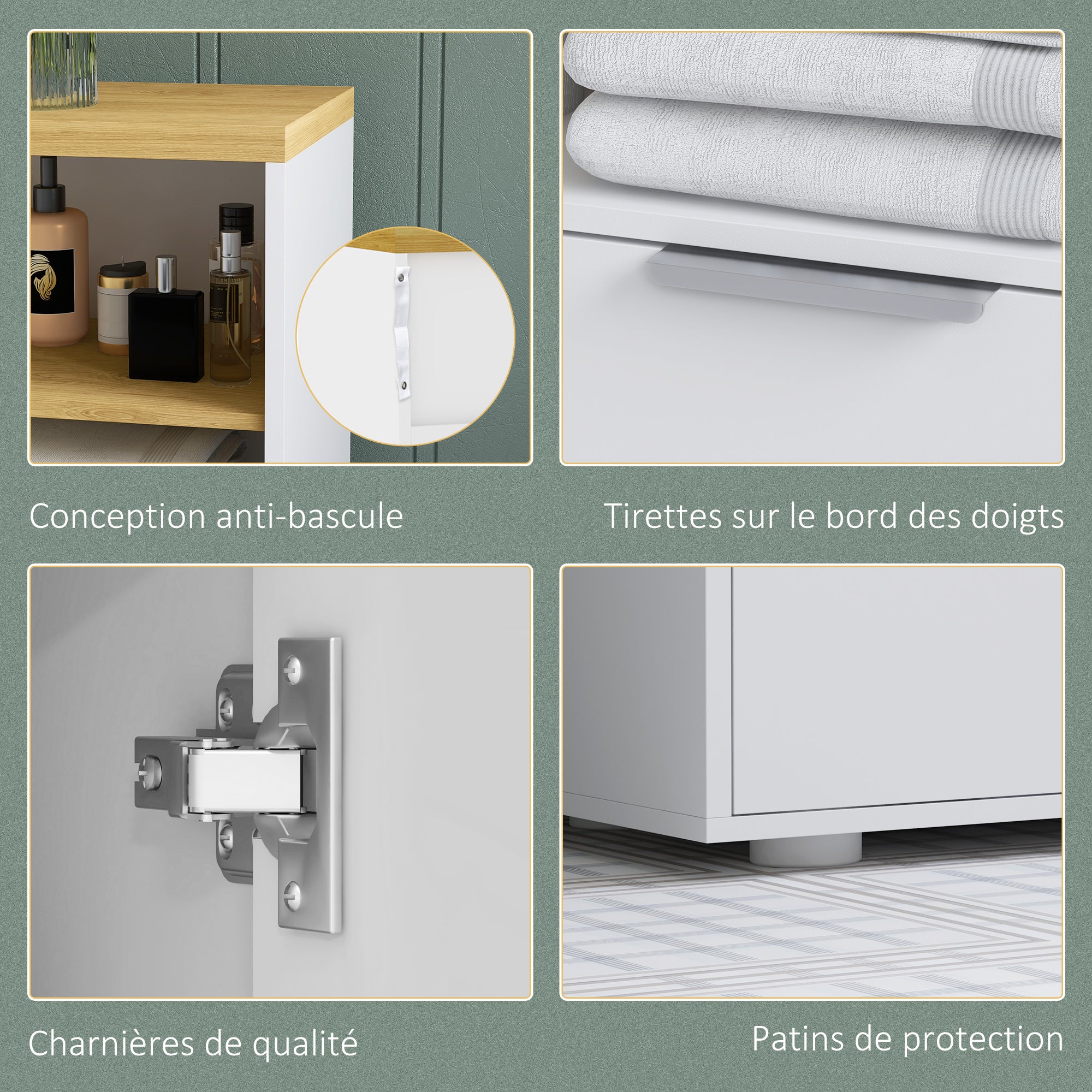 Bathroom Storage Cabinet with 2 Doors and 2 Open Compartments dim. 60W x 30D x 102H cm, white and natural