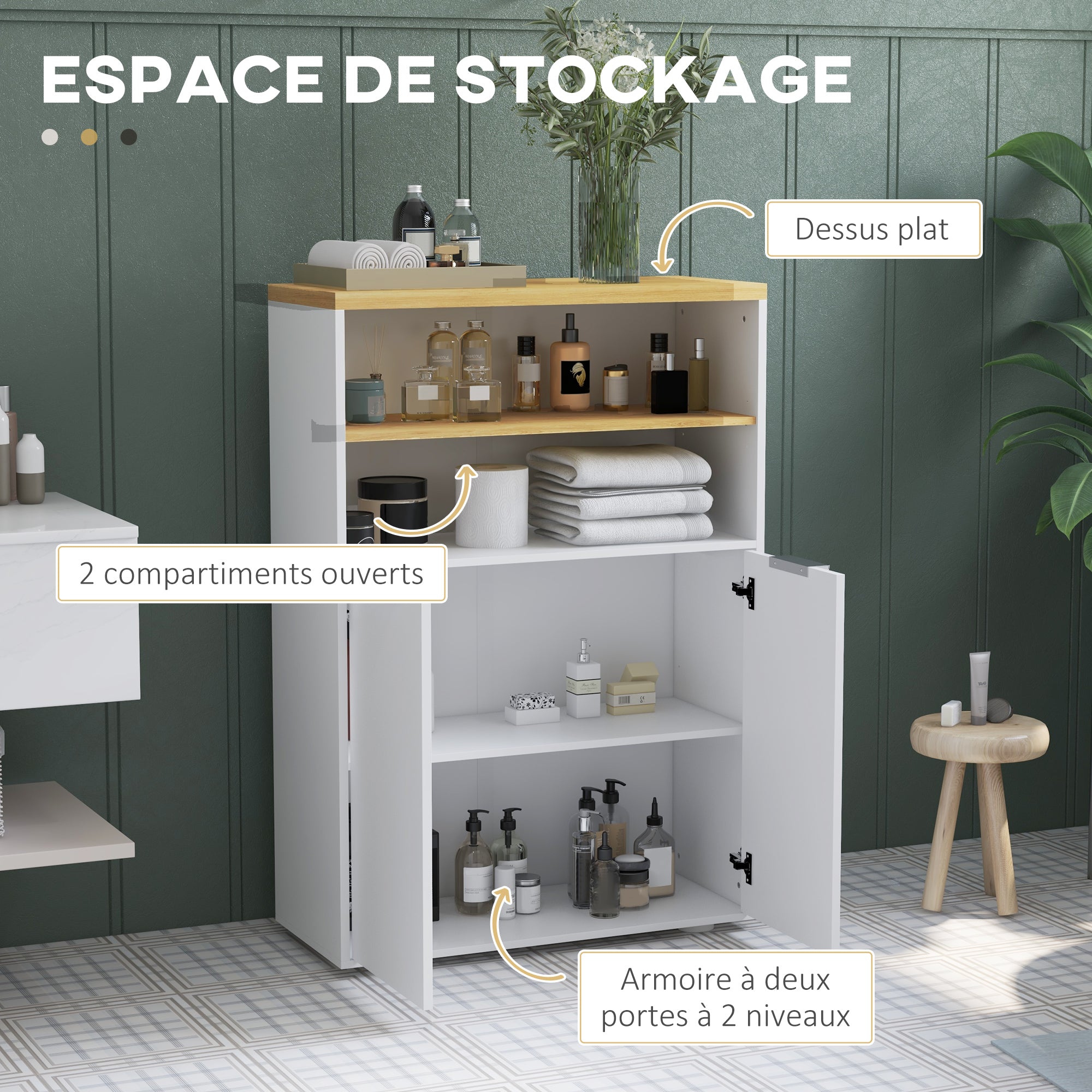 Bathroom Storage Cabinet with 2 Doors and 2 Open Compartments dim. 60W x 30D x 102H cm, white and natural