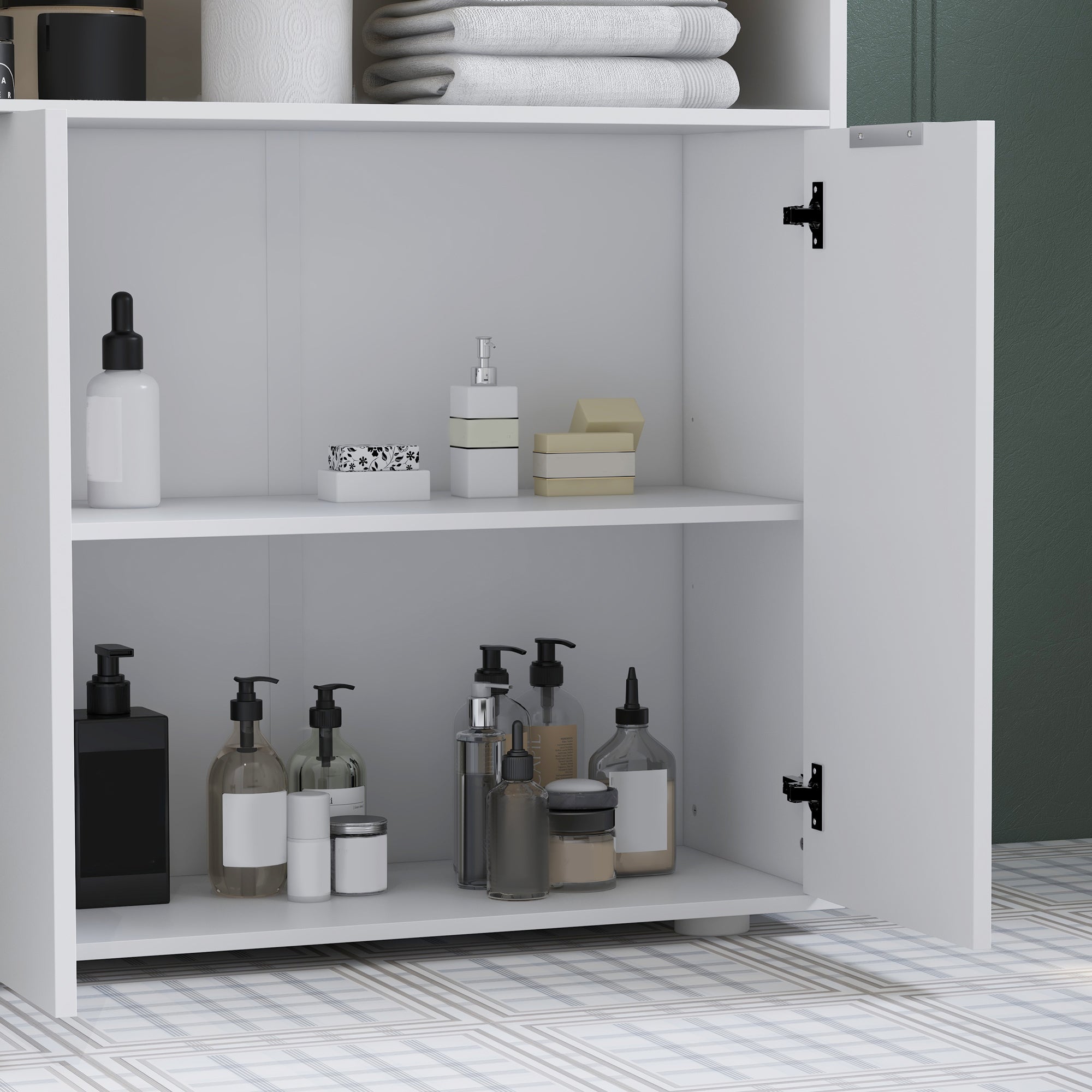 Bathroom Storage Cabinet with 2 Doors and 2 Open Compartments dim. 60W x 30D x 102H cm, white and natural