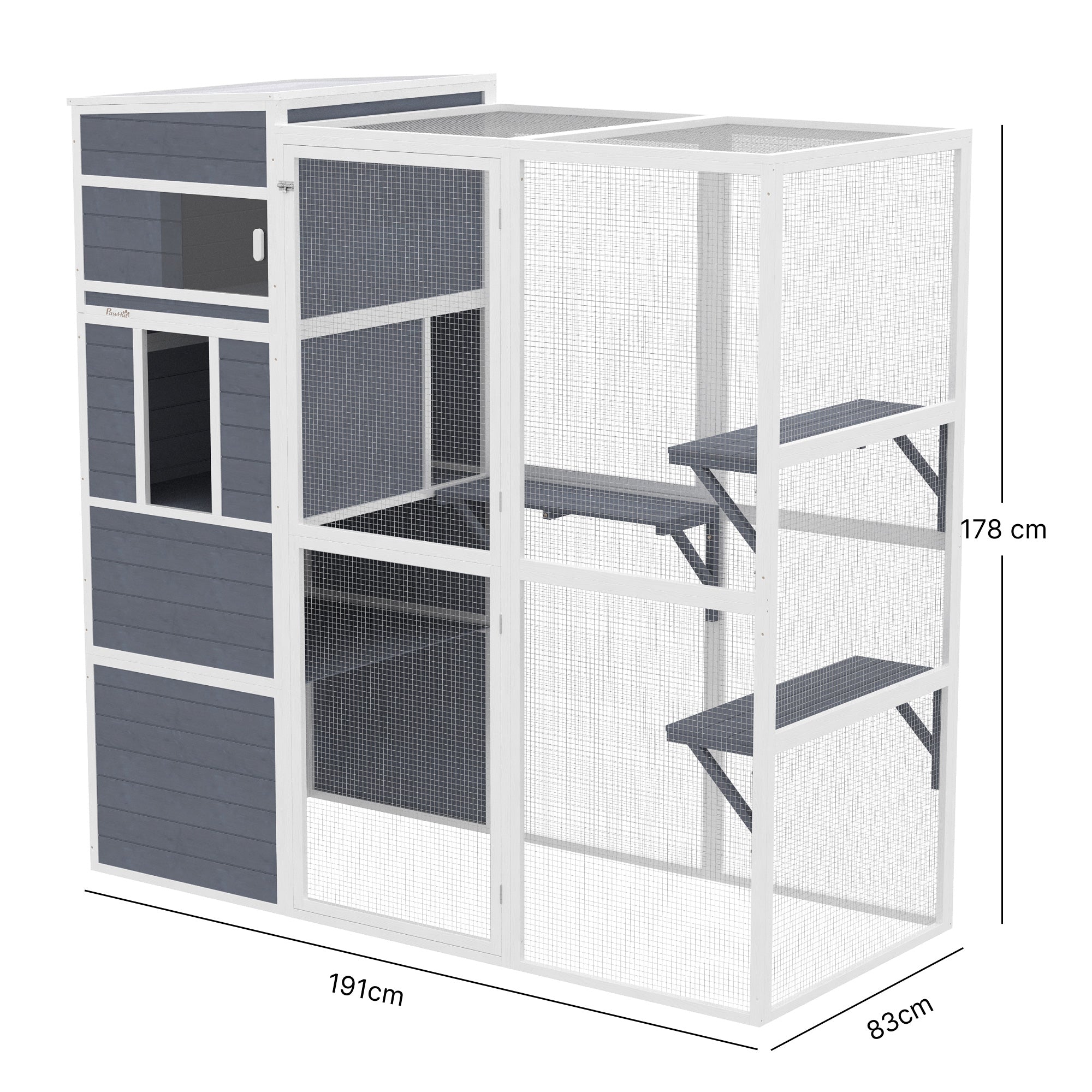 Outdoor Wooden Cat Enclosure with 3 Platforms, Weatherproof Roof, Window & Mesh Run for 3–4 Cats (up to 22 lb), Gray - Indoor/Outdoor