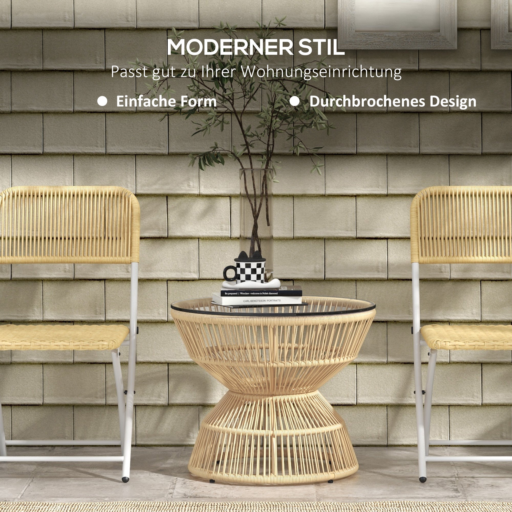 Rattan Side Table, Ø60 cm Coffee Table Garden Table with Tempered Glass Table Top, Balcony Table in Boho Design, Coffee Table for Garden, Balcony, Natural Wood