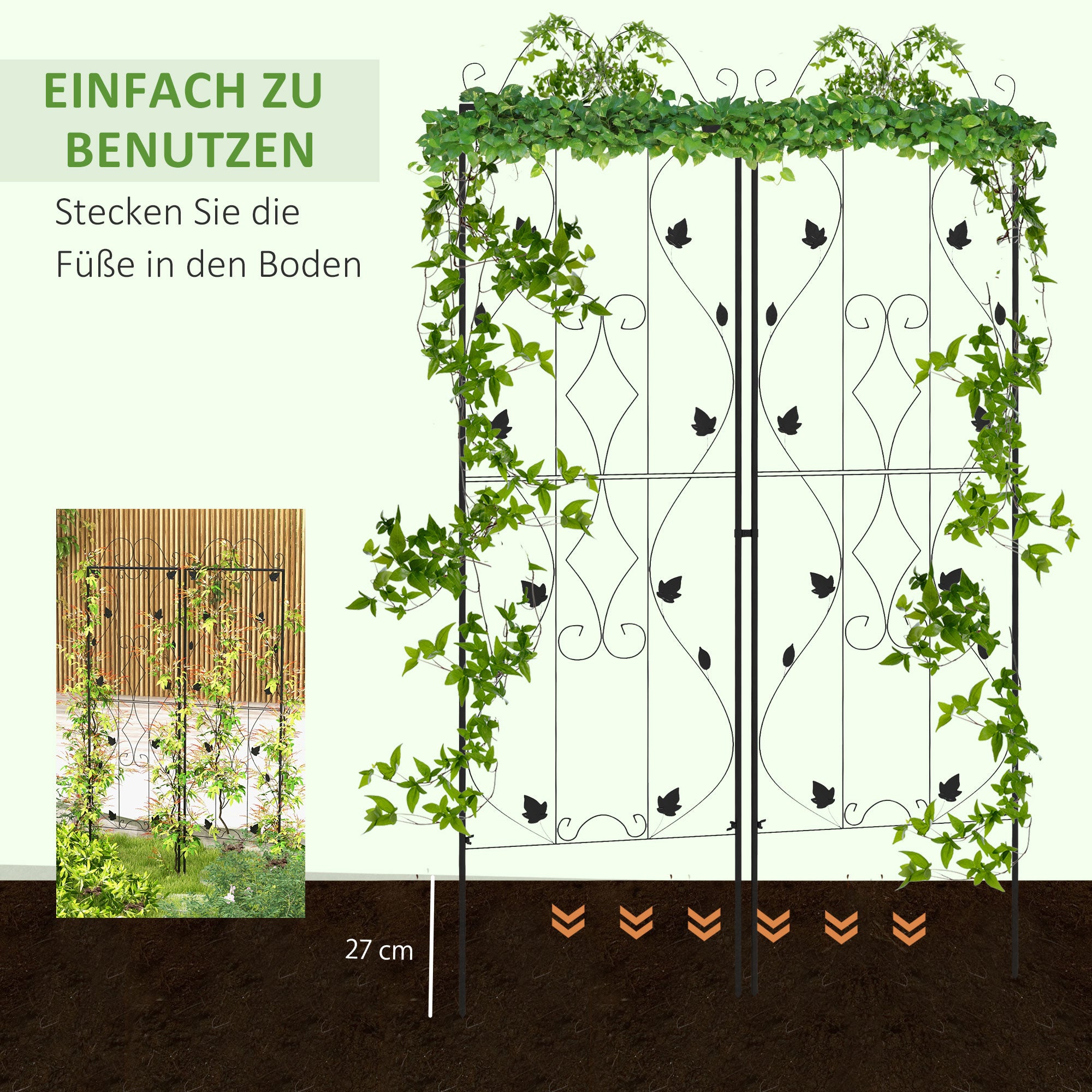 Steel Trellis 2-Pack, Insertable Rust-Resistant Plant Support with Leaf Design, 19.7 x 71.3 in Trellis for Houseplants, Tomatoes, Flowers, Vines — Black