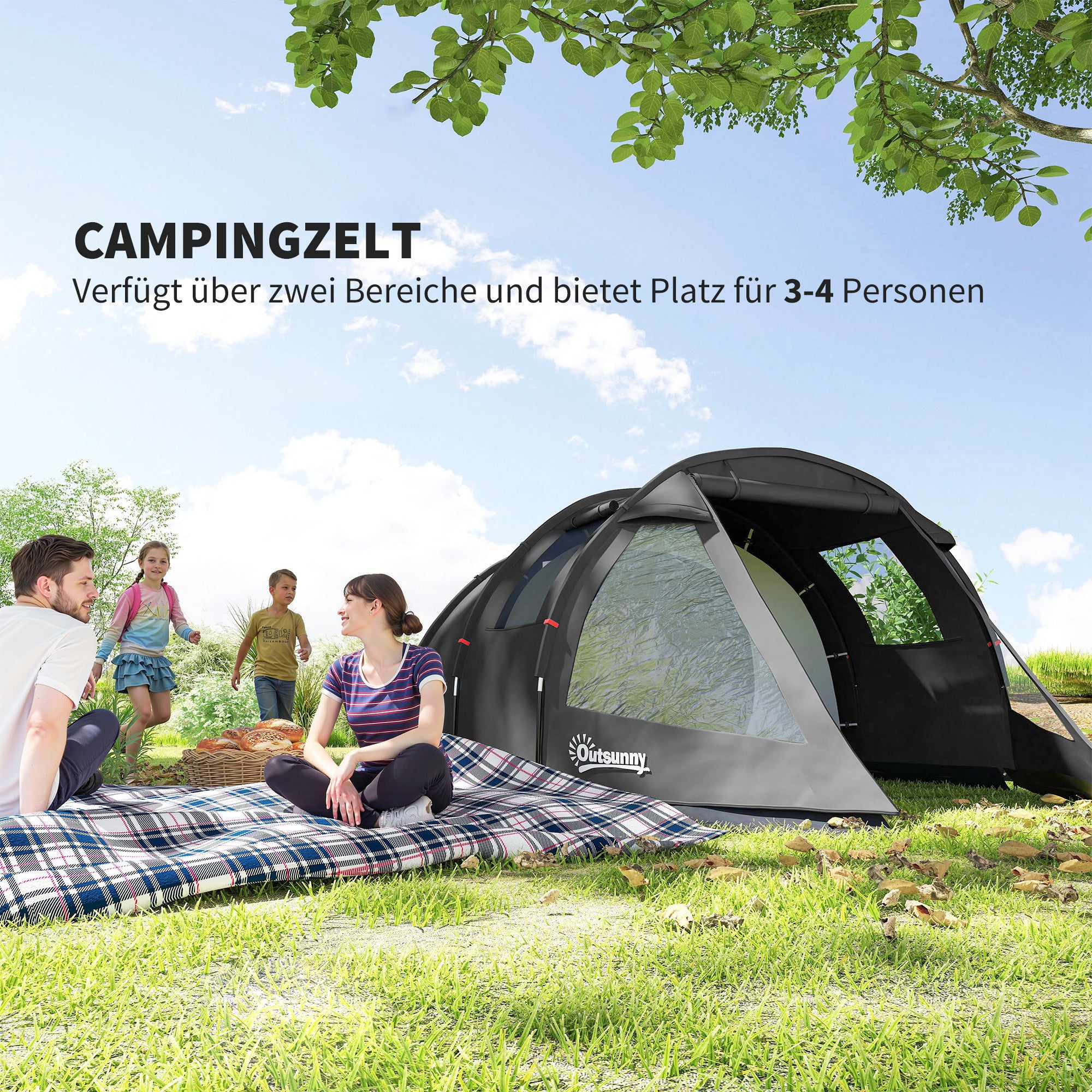 Camping Tent for 4 People light, stable waterproof Family Tent with Door Window, Pack Bag, Tunnel Tent with 2000mm Water Column Tent for Camping Travel Trekking Garden