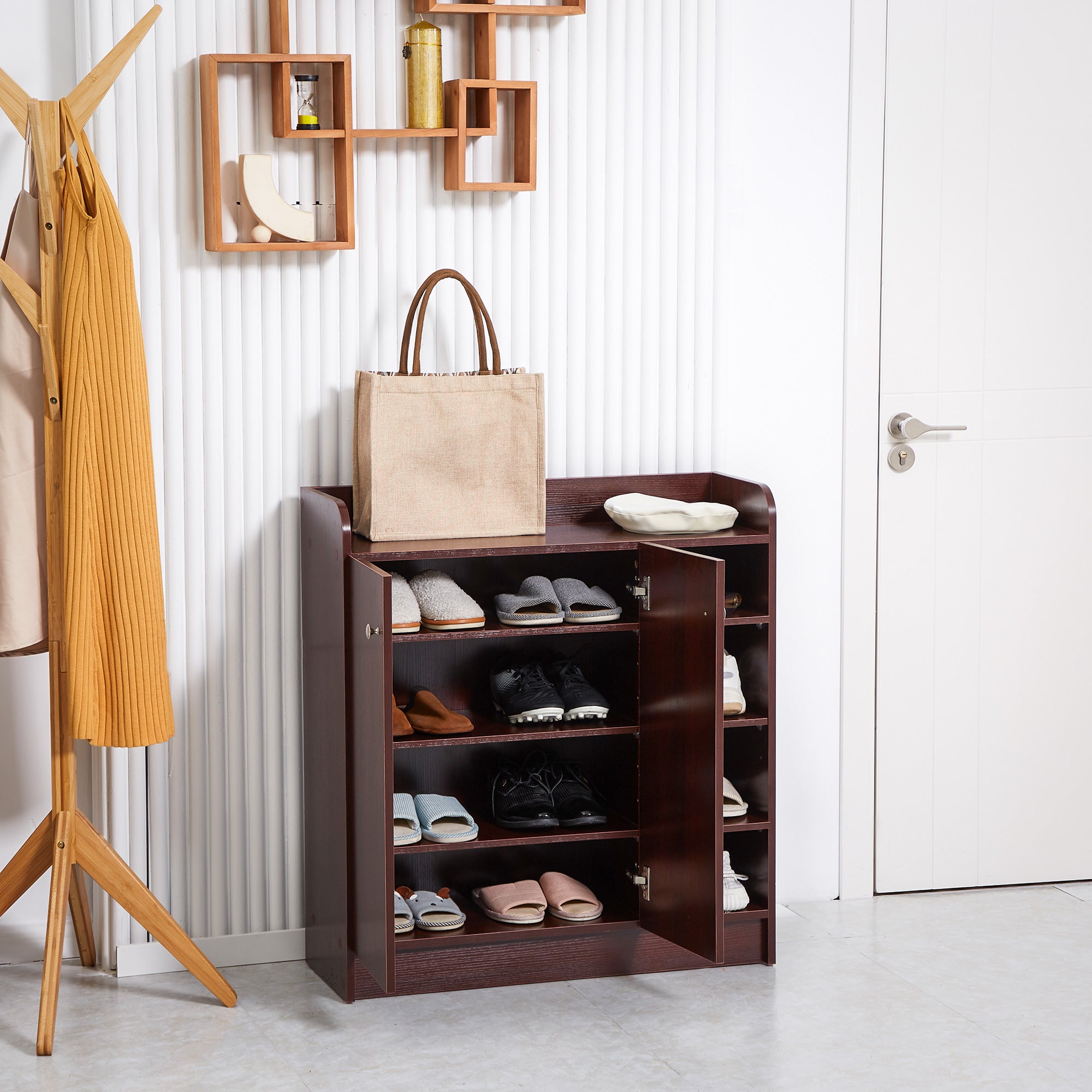 Shoe Cabinet Space Saving and Modern Wood Shoe Rack for 12 Pairs of Shoes with 4 Open Shelves, 83x30x90 cm, Coffee Color
