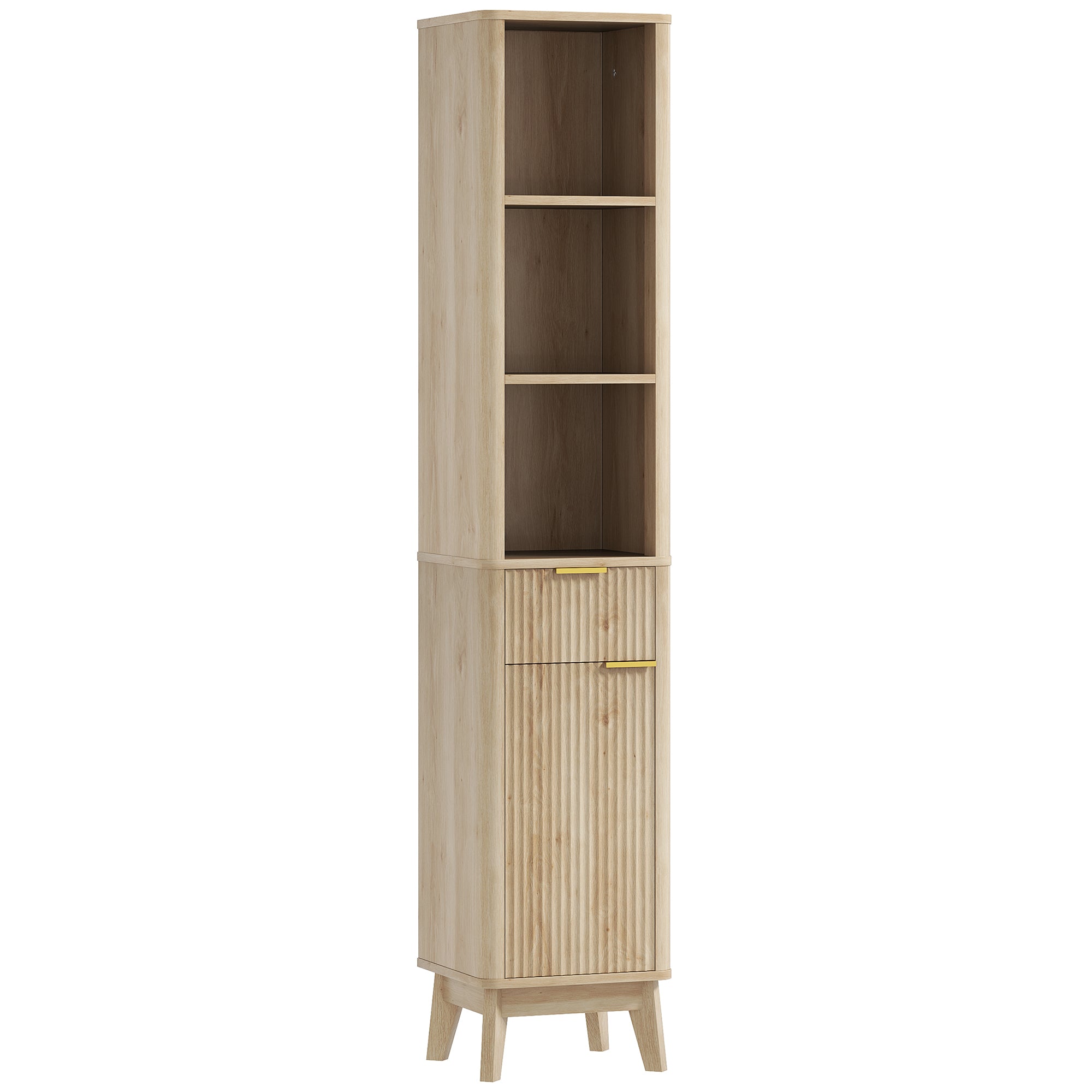 Narrow Bathroom Cabinet 33x30x170 cm with Fluted Door Drawer 3 Open Compartments and Adjustable Shelves Natural Wood