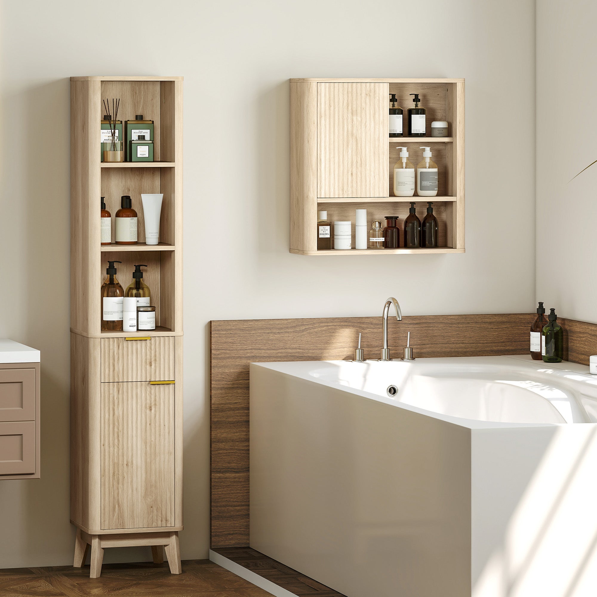 Narrow Bathroom Cabinet 33x30x170 cm with Fluted Door Drawer 3 Open Compartments and Adjustable Shelves Natural Wood