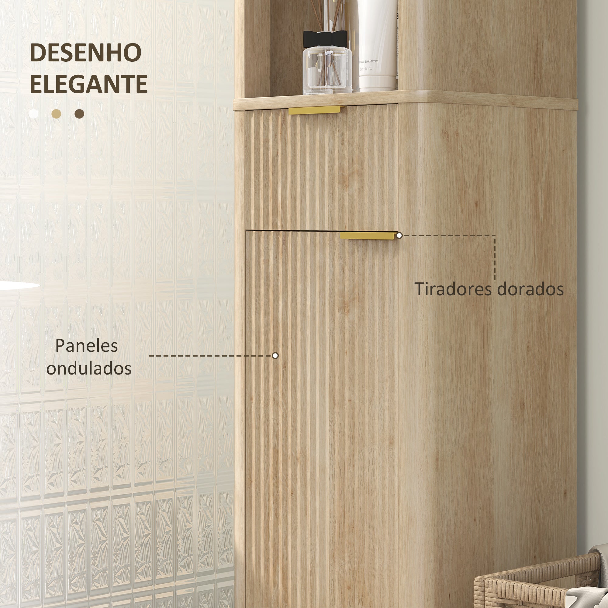 Narrow Bathroom Cabinet 33x30x170 cm with Fluted Door Drawer 3 Open Compartments and Adjustable Shelves Natural Wood