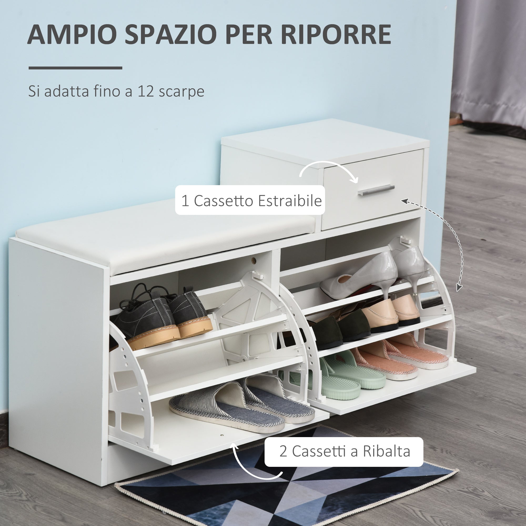 Modern Shoe Cabinet with Padded Bench for 12 Pairs of Shoes, Entryway Shoe Storage Cabinet, Wood, Stylish, Spacious, 94.5x57x30 cm, White