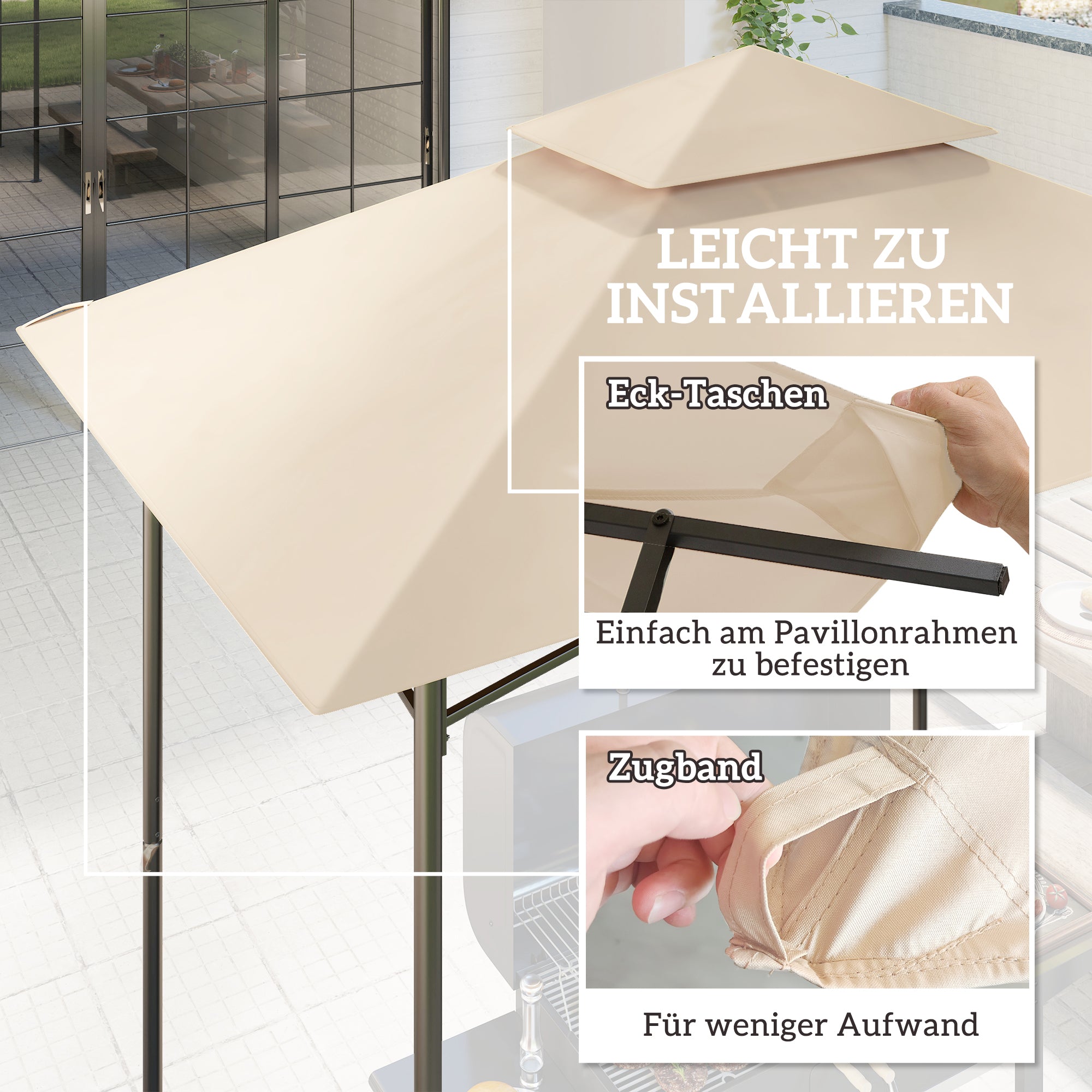 Replacement Canopy for Grill Gazebo 1.5m x 2.4m Canopy Only, Two-Tier Protective Cover, Waterproof Canopy for Outdoor Use, Canopy Compatible with Outdoor Grill Tent, Beige