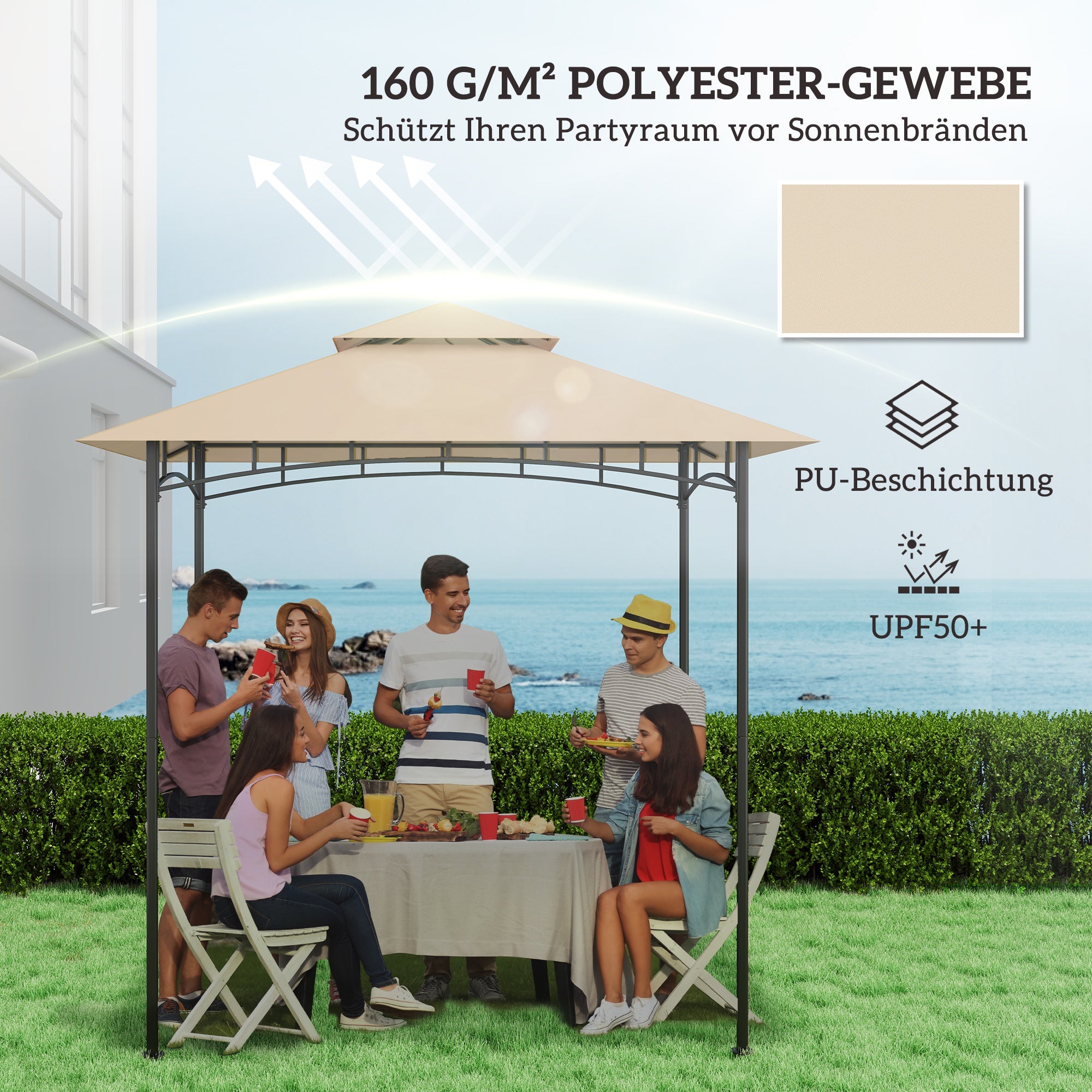 Replacement Canopy for Grill Gazebo 1.5m x 2.4m Canopy Only, Two-Tier Protective Cover, Waterproof Canopy for Outdoor Use, Canopy Compatible with Outdoor Grill Tent, Beige