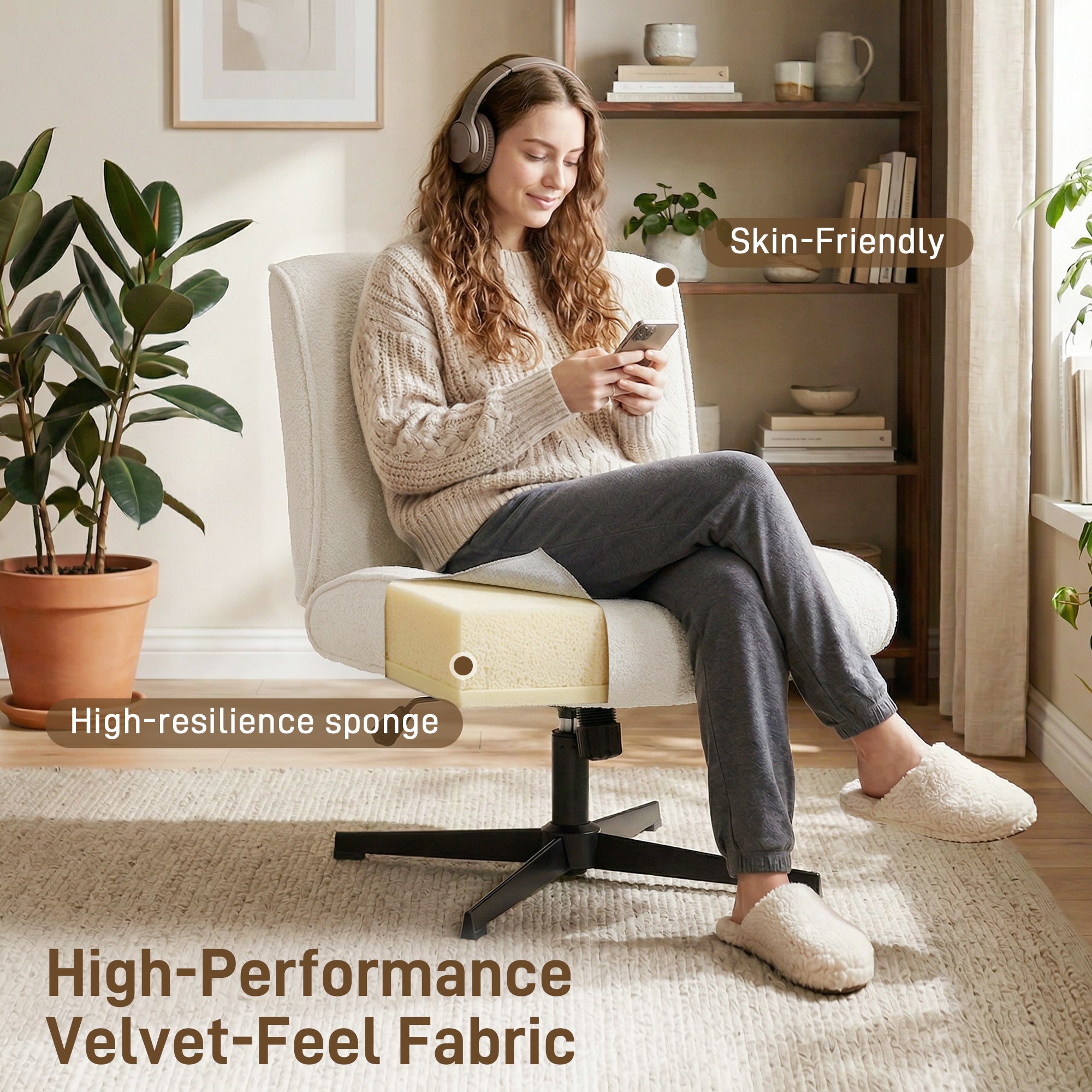 Velvet-Style Swivel Lounge Chair — Height-Adjustable Padded Reading Chair with Cross-Leg Steel Base, Cream White
