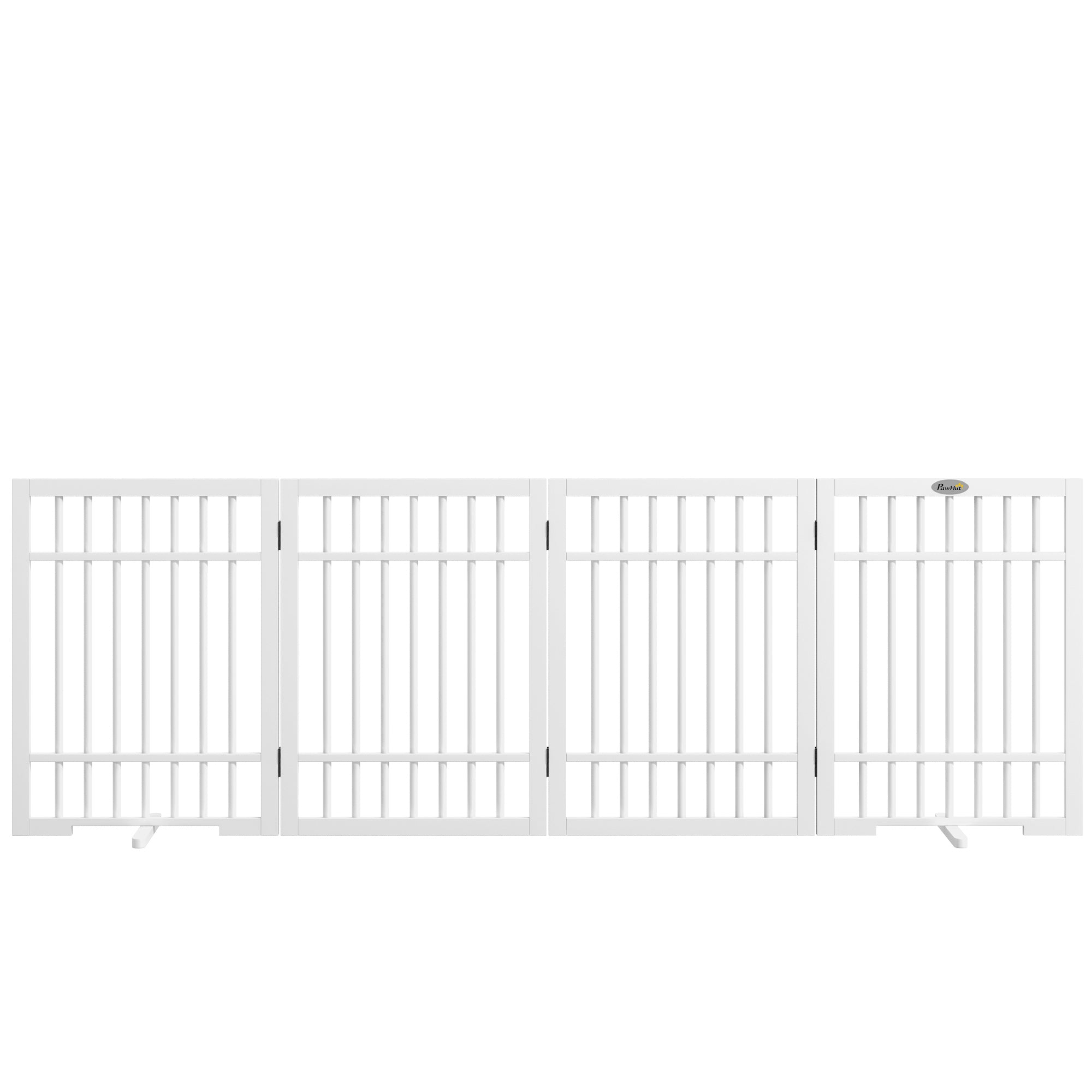 Dog Barrier Gate 4-Panel, 183 x 61 cm Foldable Door Safety Gate Made of Wood, Freestanding Dog Gate with 2 Support Feet, for Kitchen, Hallway, Stairs, White