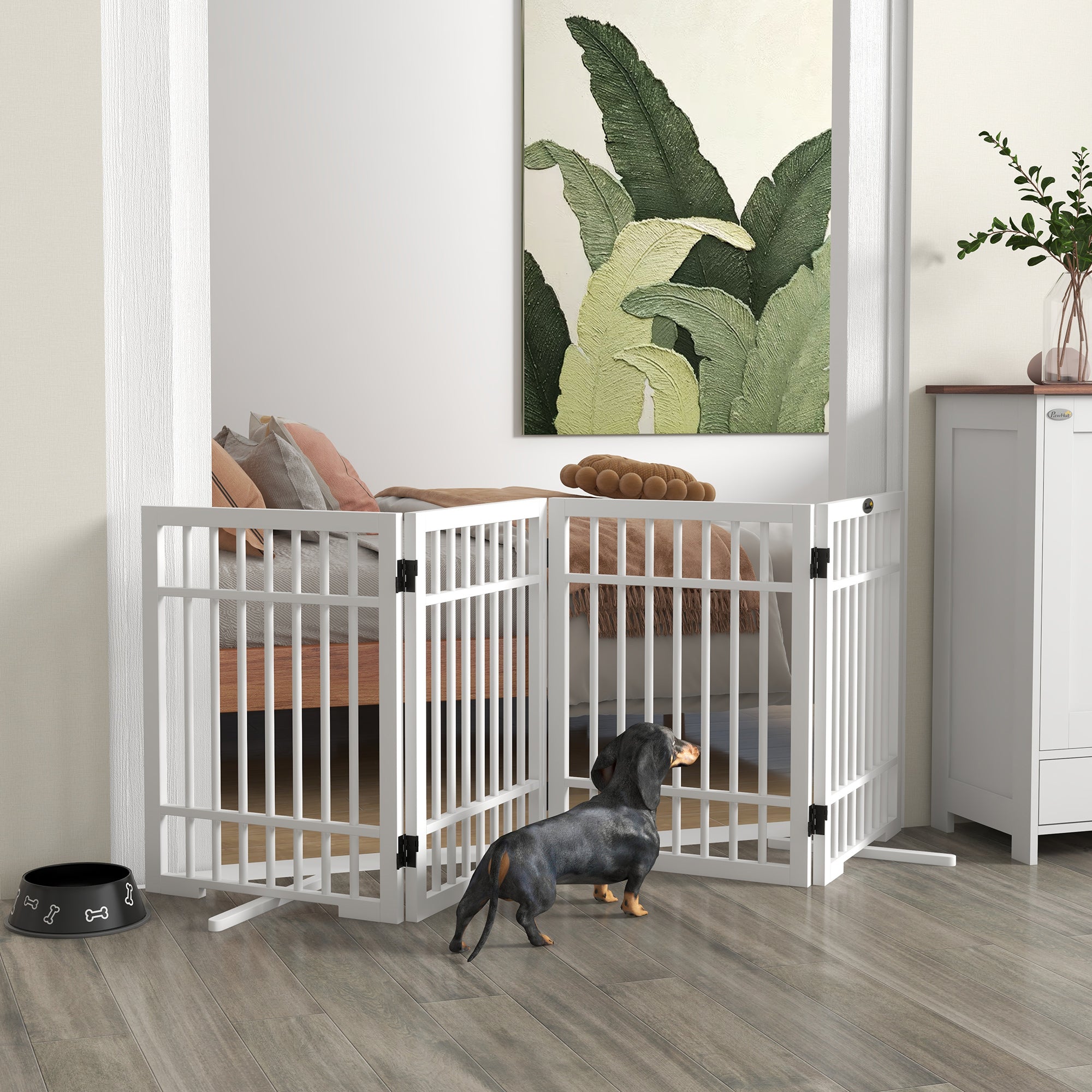 Dog Barrier Gate 4-Panel, 183 x 61 cm Foldable Door Safety Gate Made of Wood, Freestanding Dog Gate with 2 Support Feet, for Kitchen, Hallway, Stairs, White