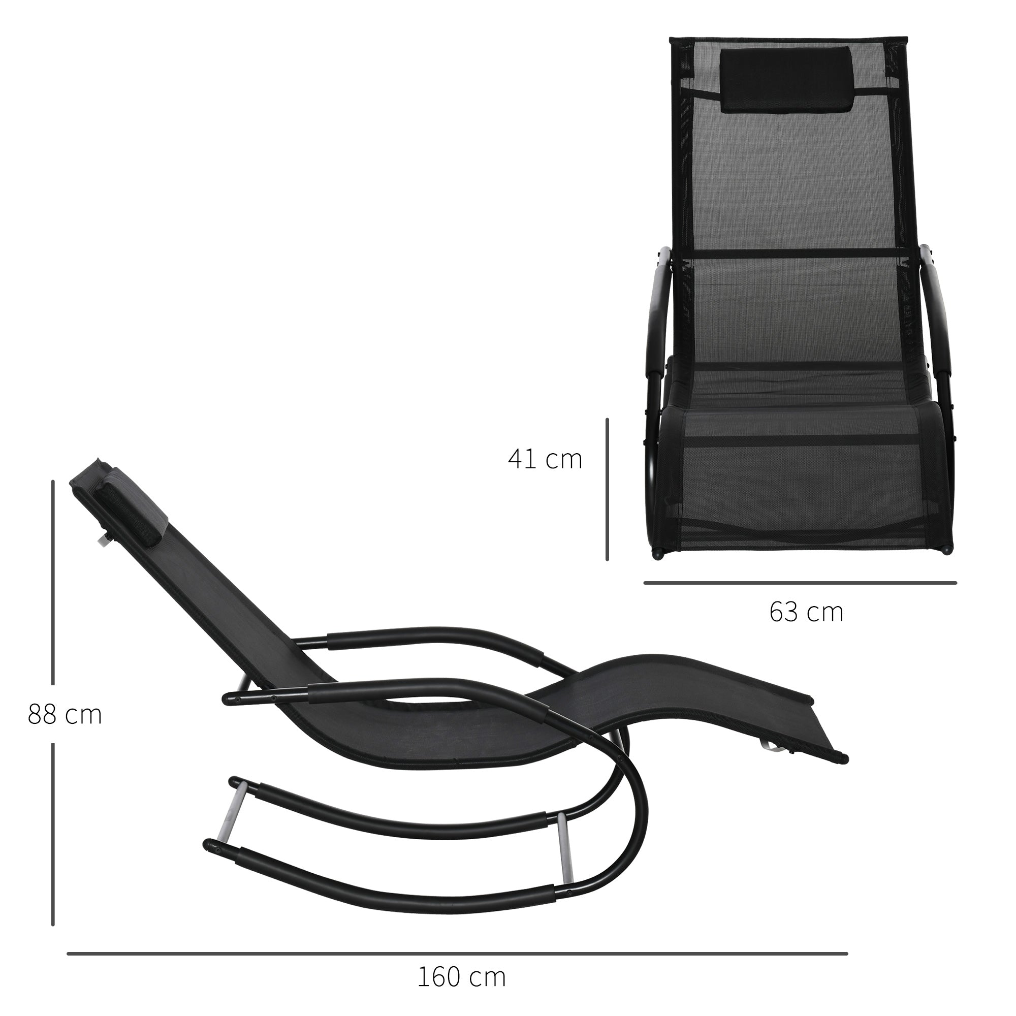 Ergonomic Rocking Chair Rocking Chair with Headrest Galvanized Metal Armrests Textilene dim. 63W x 160D x 88H cm Black