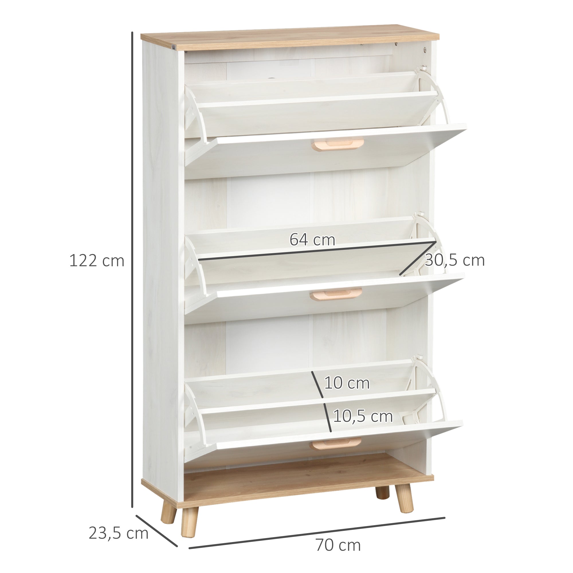 Modern Shoe Cabinet Narrow Shoe Rack with 3 Folding Drawers for 12 Pairs of Shoes and Adjustable Shelf for Hallway Entryway 70x23.5x122 cm White