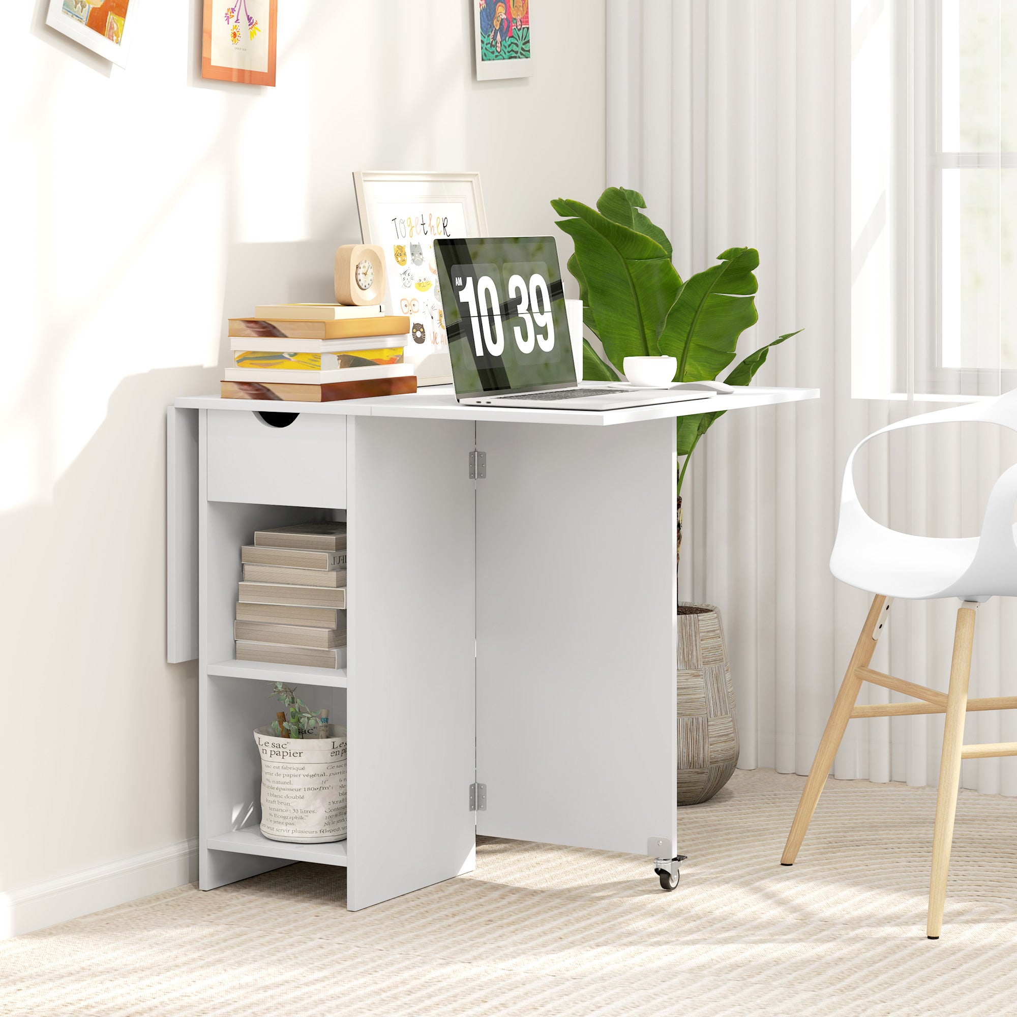 Foldable Dining Table Mobile Kitchen Table for 2-4 People with Open Shelves, 1 Drawer, Folding Table for Small Spaces, Dining Room 114.5 x 70 x 75 cm, White