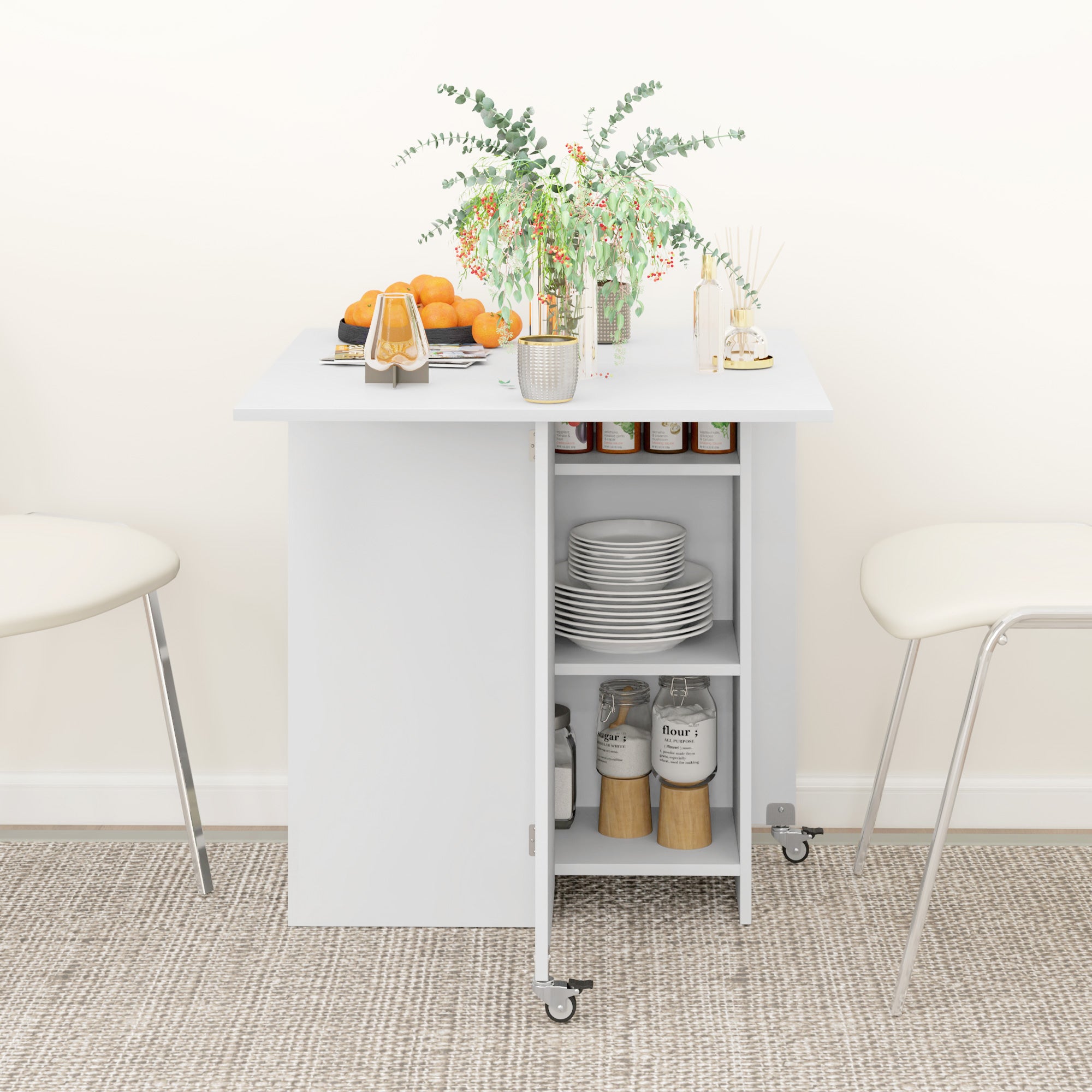 Foldable Dining Table Mobile Kitchen Table for 2-4 People with Open Shelves, 1 Drawer, Folding Table for Small Spaces, Dining Room 114.5 x 70 x 75 cm, White