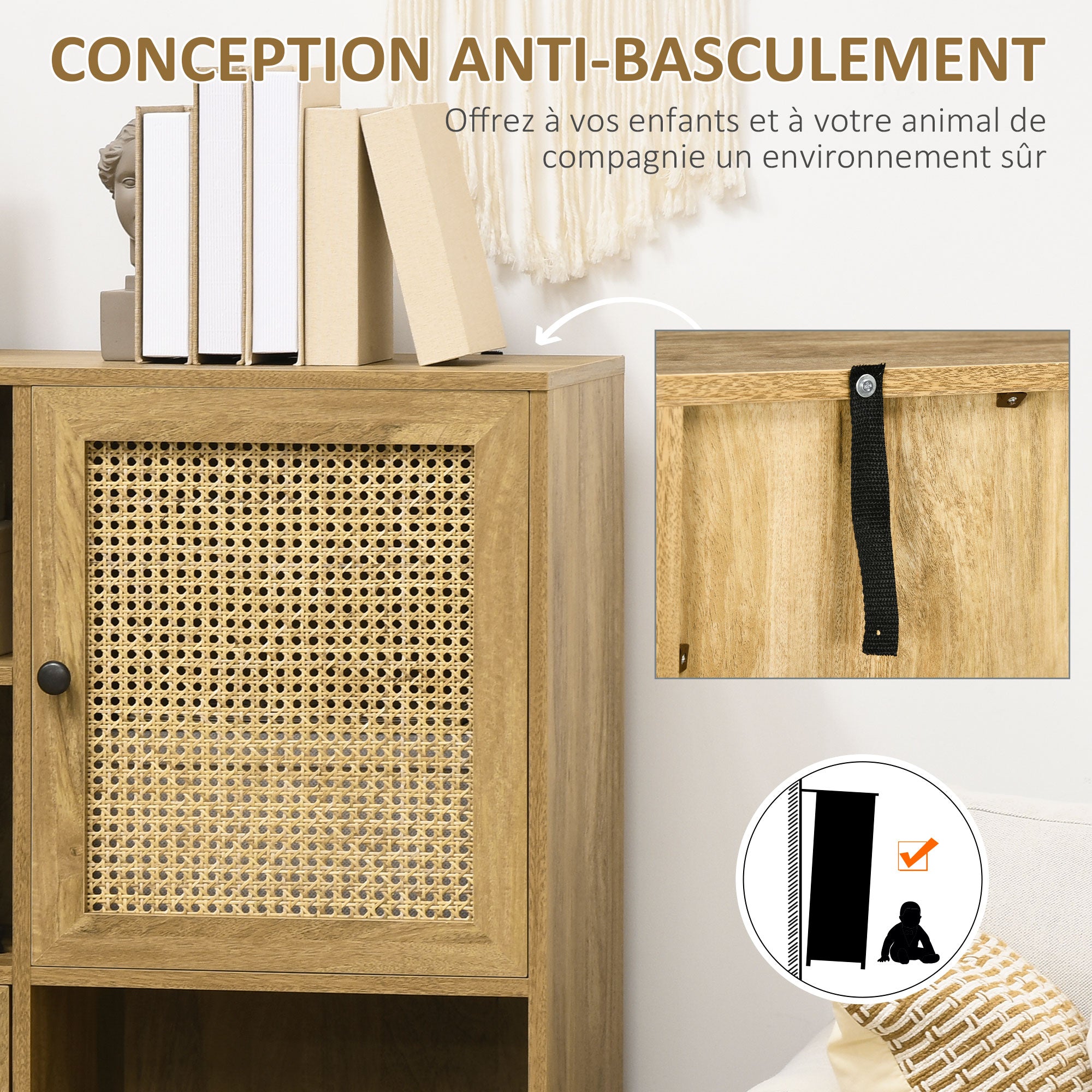 Buffet Storage Cabinet high on legs in Wood and Rattan with 2 Doors 4 compartments - dim. 90L x 32.5W x 120H cm