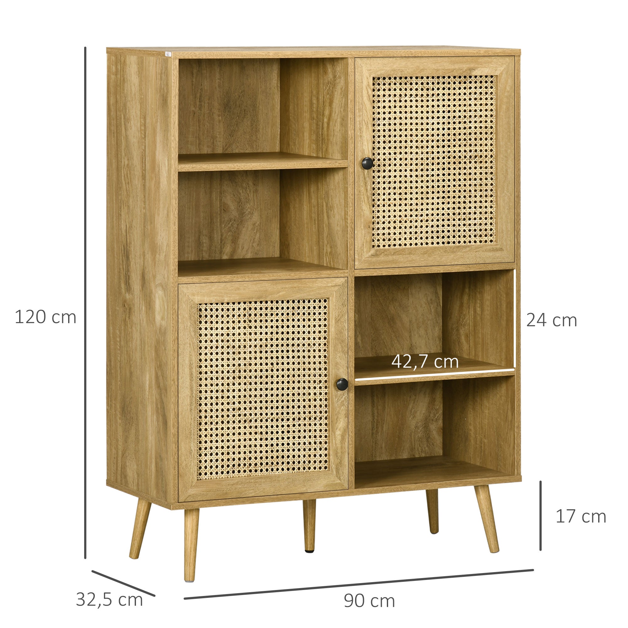 Buffet Storage Cabinet high on legs in Wood and Rattan with 2 Doors 4 compartments - dim. 90L x 32.5W x 120H cm