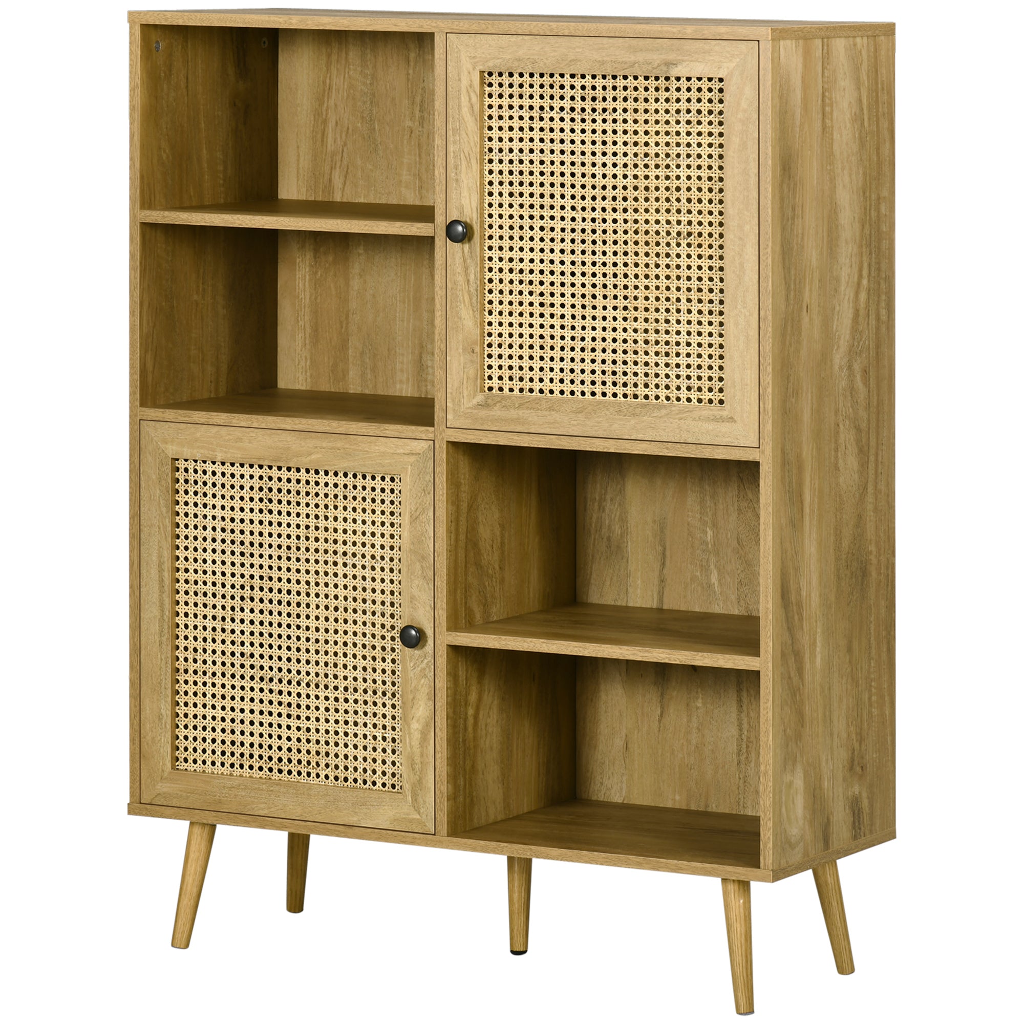 Buffet Storage Cabinet high on legs in Wood and Rattan with 2 Doors 4 compartments - dim. 90L x 32.5W x 120H cm