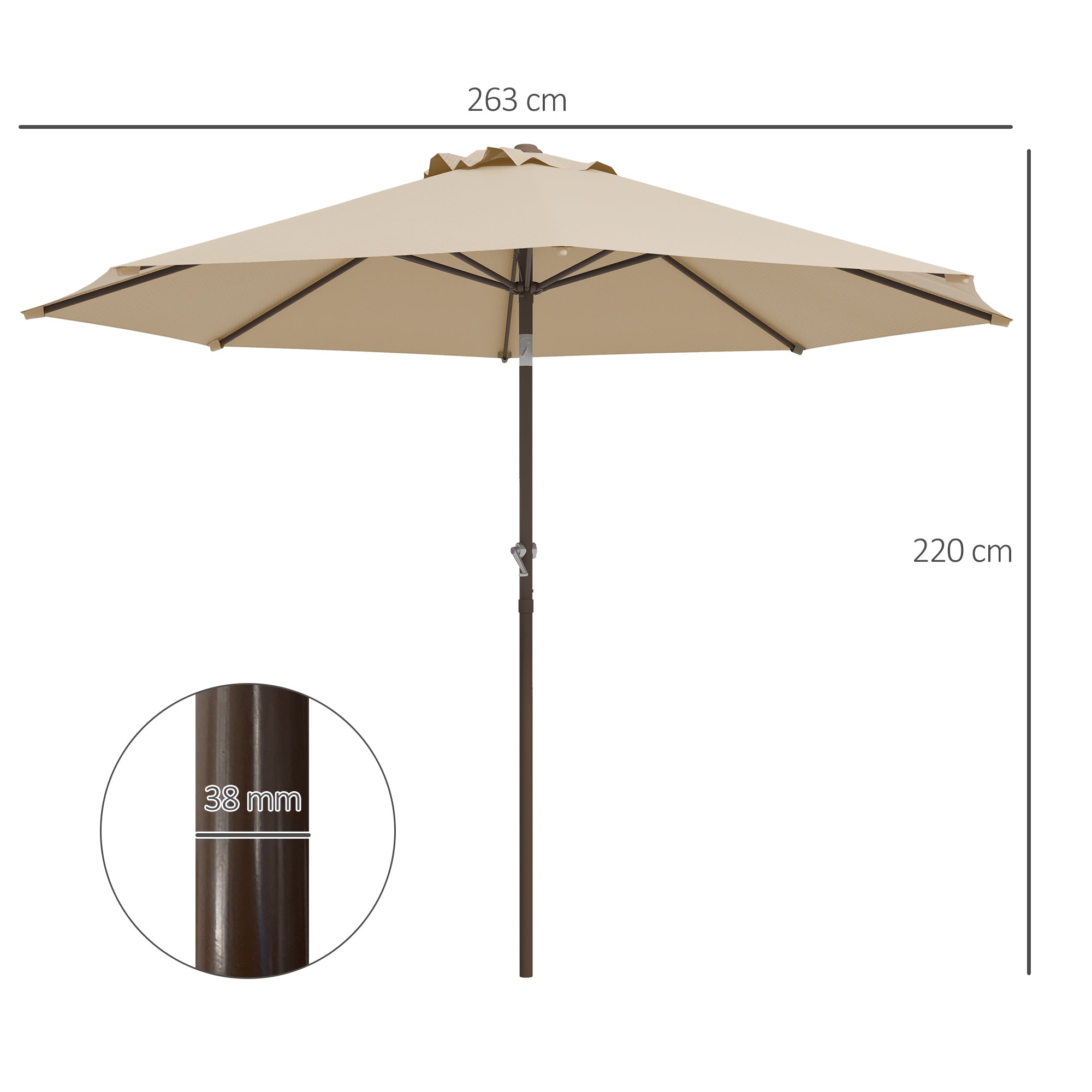 Garden Umbrella Straight Ø 2.63m Metal Round Polyester 180g/m² Tiltable crank beige