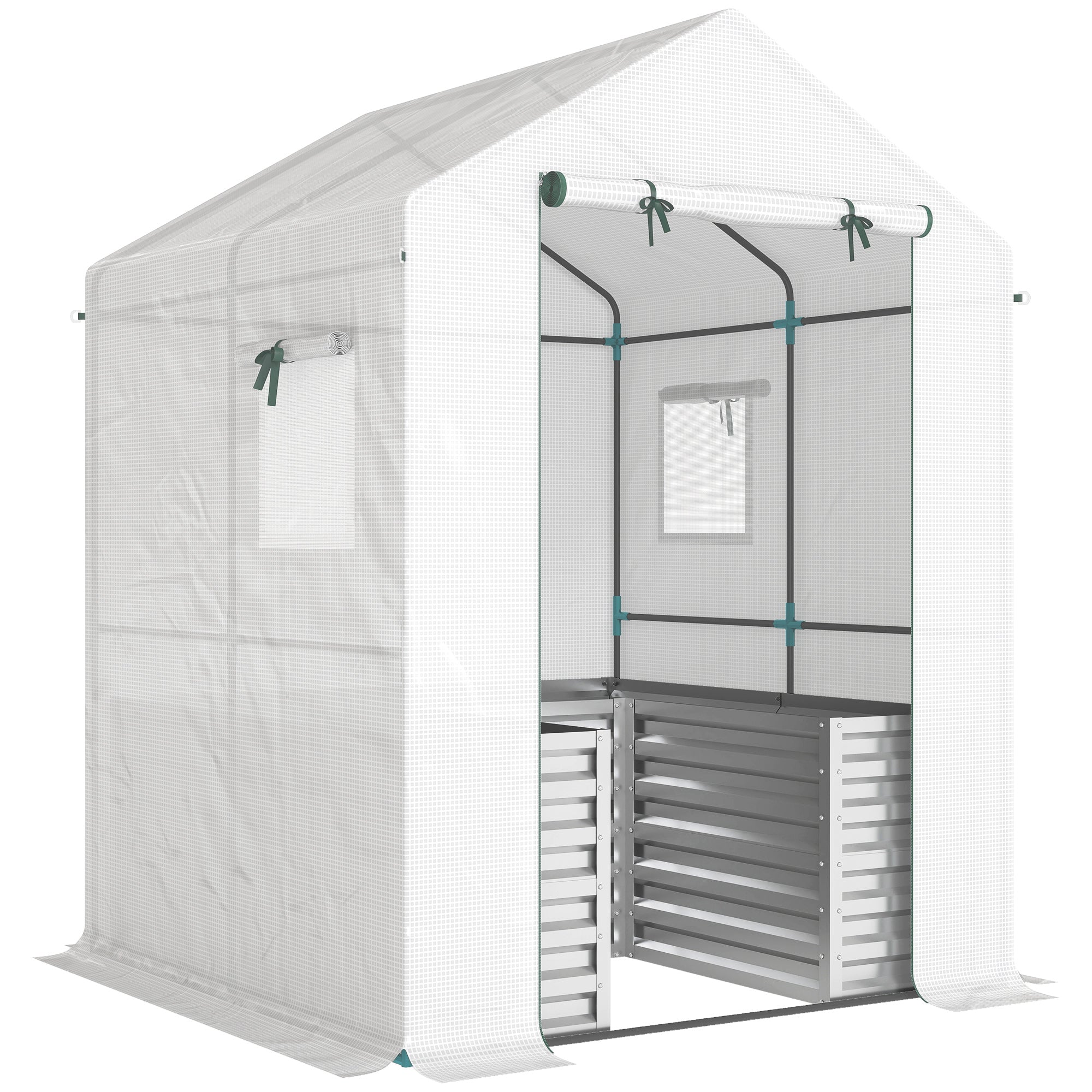 PE Film Tomato Greenhouse with Raised Bed, Roll-Up Door & Windows, Sloped Roof — 141 × 141 × 190 cm (55.5 × 55.5 × 74.8 in) — White