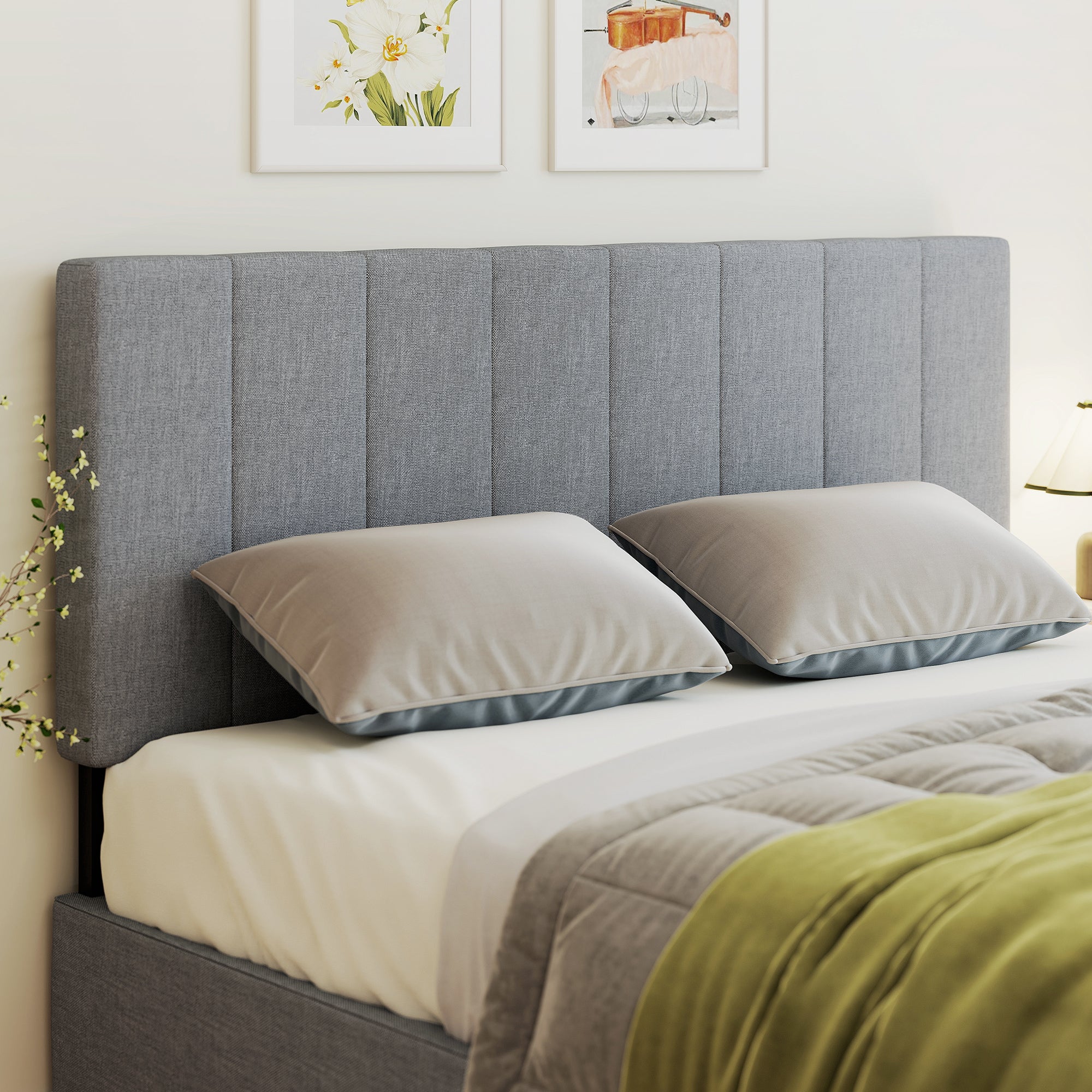 3-Height Adjustable Upholstered Headboard, Linen-Look, Foam-Padded with Metal Legs — Gray (Fits 59–63" Beds)