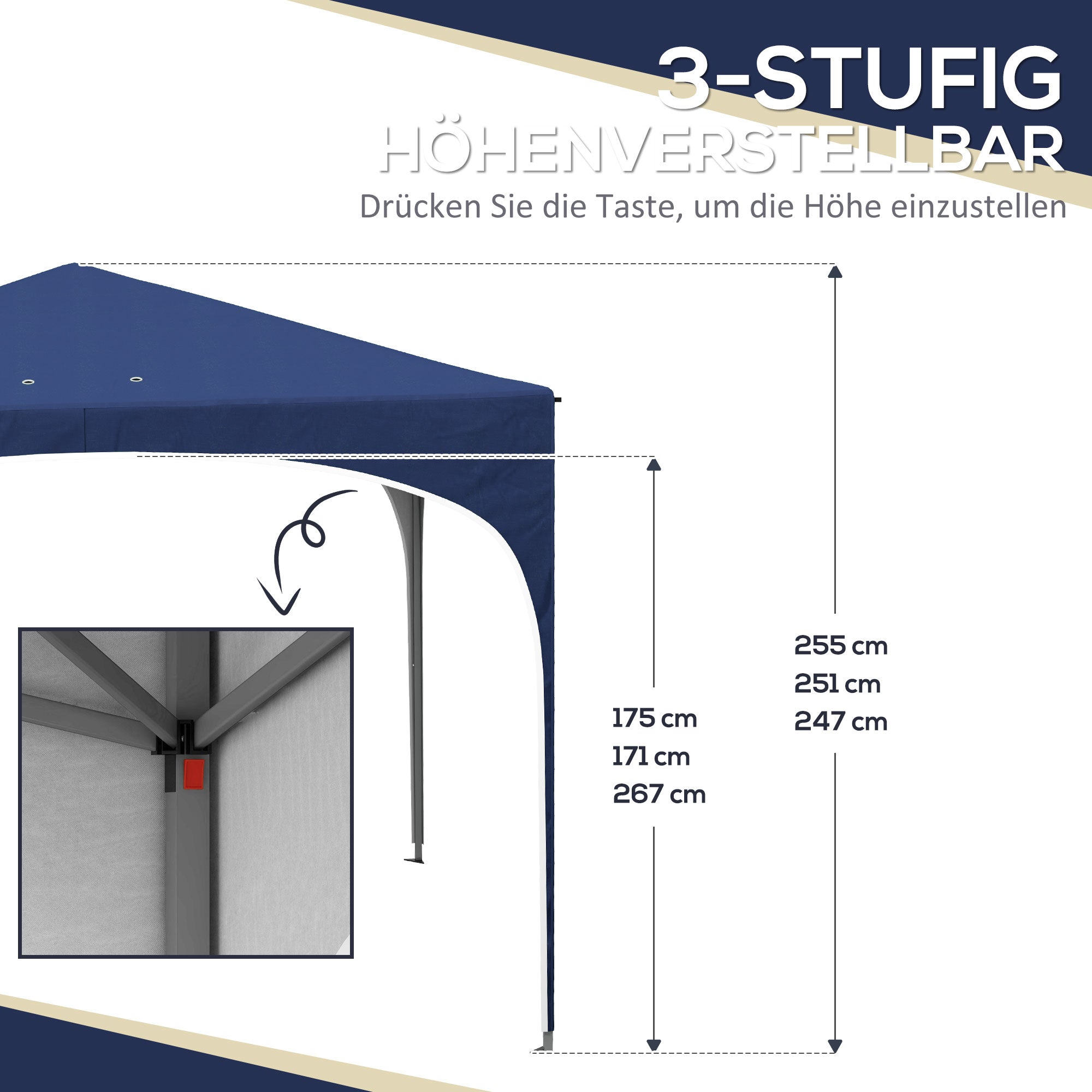 Gazebo 2.95 x 2.95 m Pop-Up Gazebo with UV Protection, Height-Adjustable Pop-Up Gazebo with Carrying Bag, Sandbags, Garden Tent for Balcony, Terrace, Oxford, Steel, Blue