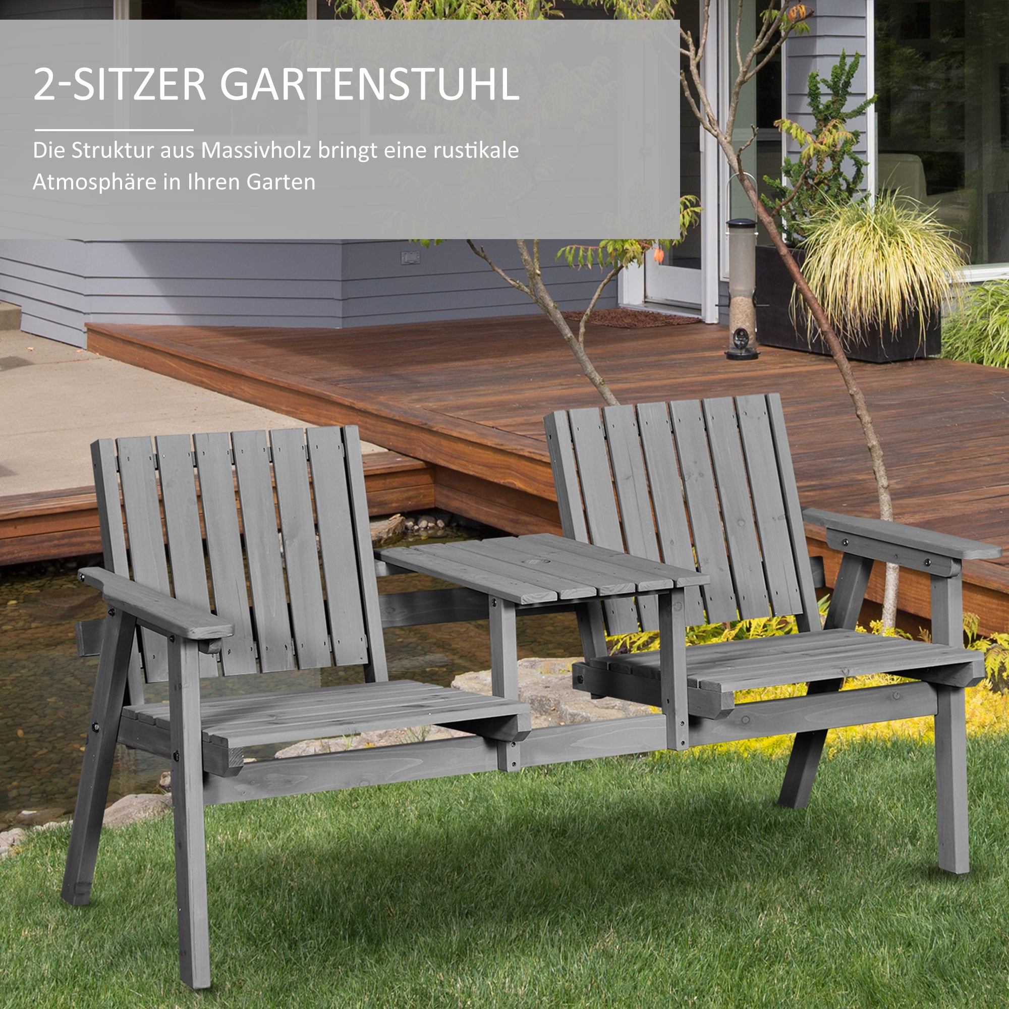 Garden Bench with Table, Seating Group, Patio Furniture, with Umbrella Hole, Bench, 2 Chairs, Solid Wood, Gray, 152 x 70 x 83 cm