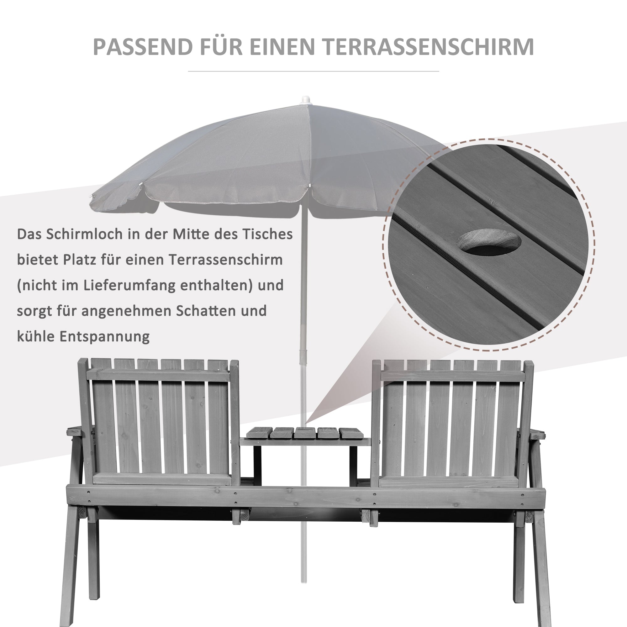 Garden Bench with Table, Seating Group, Patio Furniture, with Umbrella Hole, Bench, 2 Chairs, Solid Wood, Gray, 152 x 70 x 83 cm