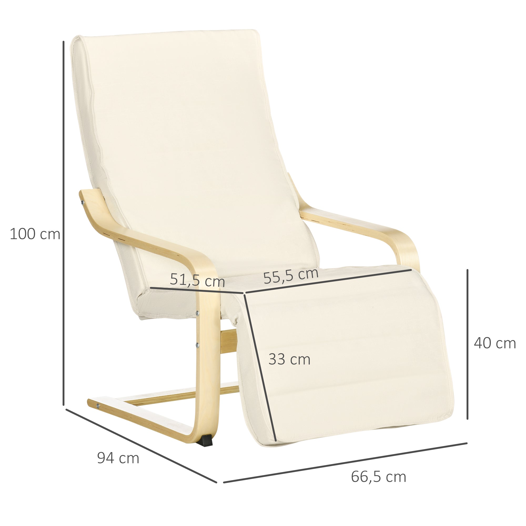 Armchair Living Room Recliner Lounge Chair Rest Chair with Armrests made of Birch Wood, 5-way adjustable Footrest, Reading Chair with Linen Look, Upholstered Chair for Bedroom, Cream White