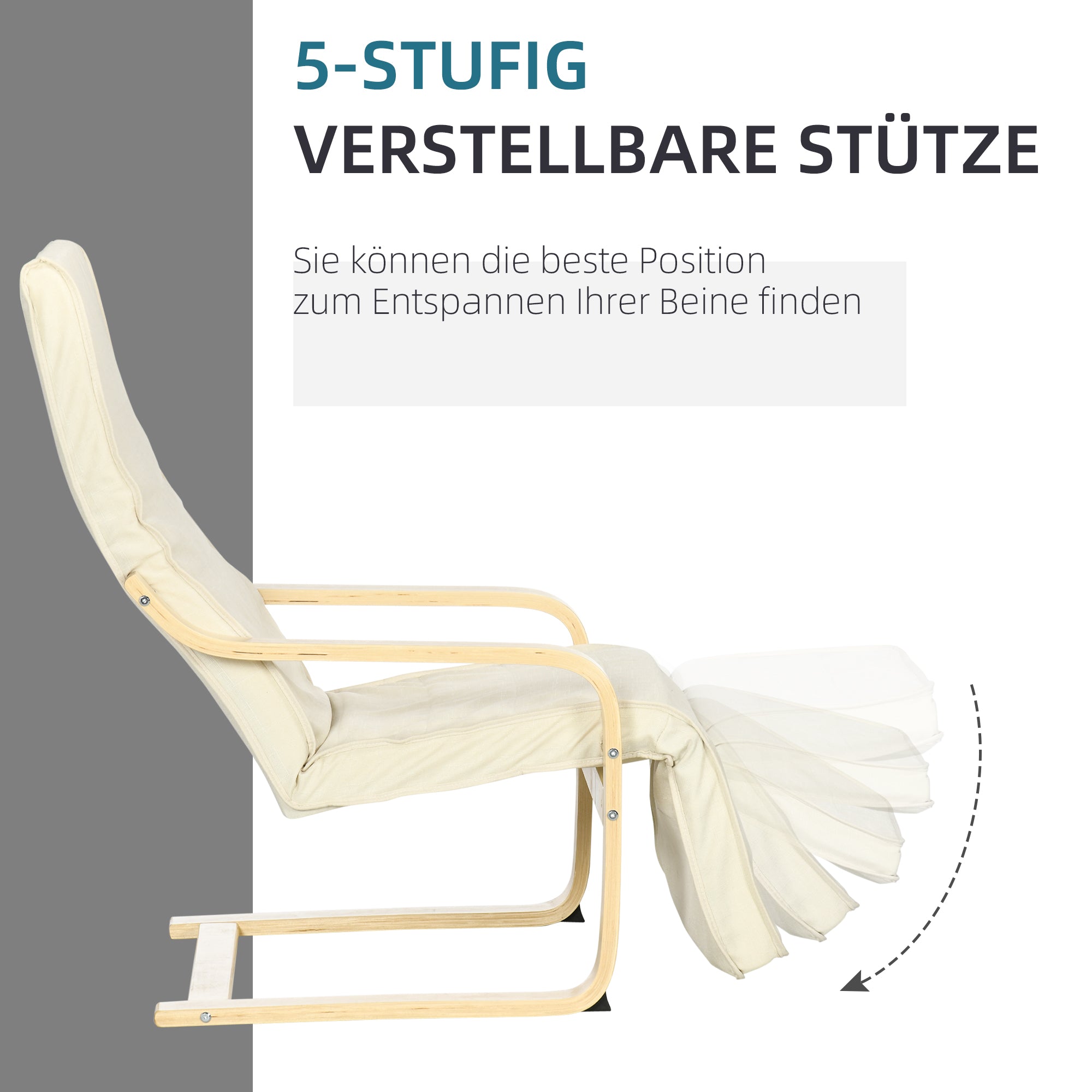 Armchair Living Room Recliner Lounge Chair Rest Chair with Armrests made of Birch Wood, 5-way adjustable Footrest, Reading Chair with Linen Look, Upholstered Chair for Bedroom, Cream White