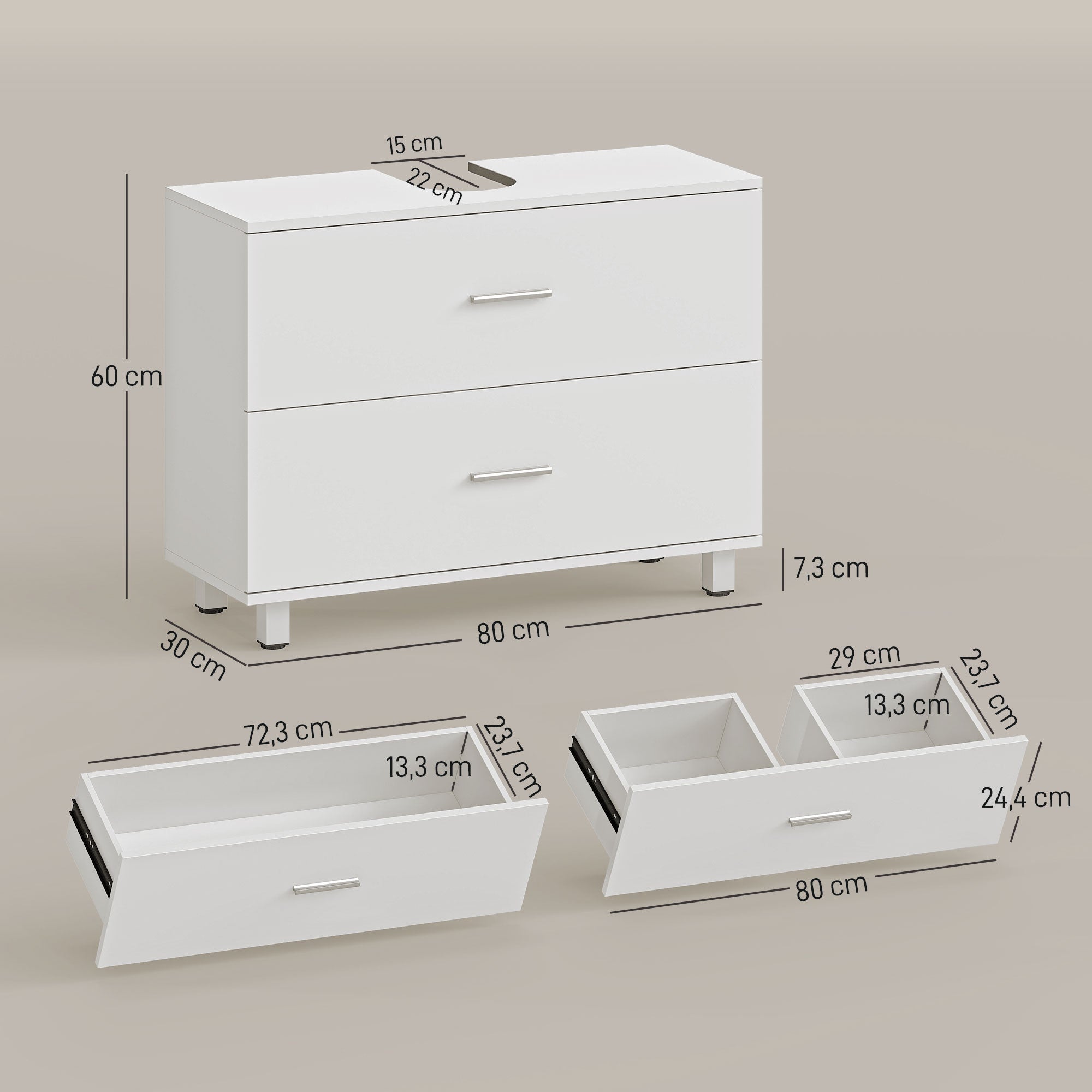 White dresser with dimensions labeled on a beige background