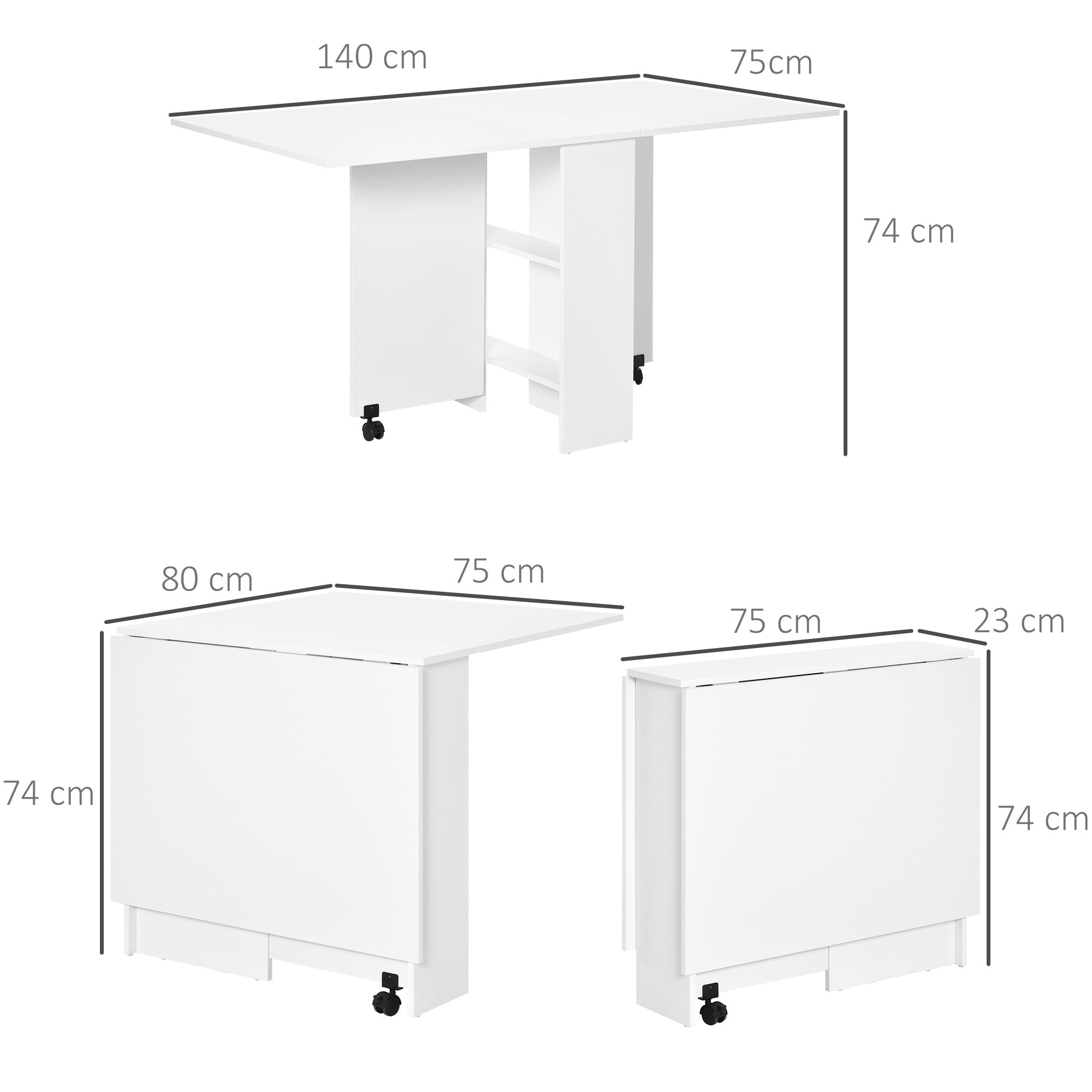 Folding Dining Table Kitchen Table with Wheels Foldable Wings and Shelves for 4-6 People 75x140x74 cm White