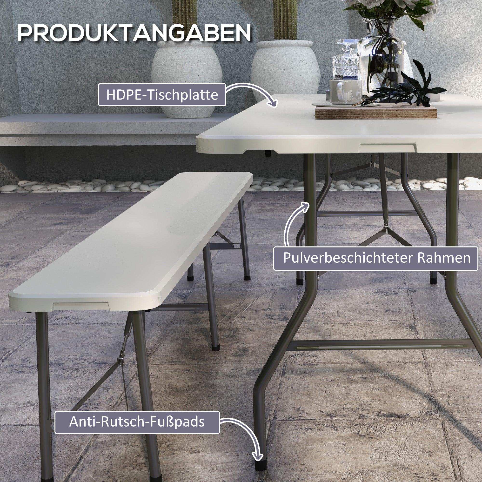 Camping Table Folding Table, Balcony Table for 6 People, Buffet Table for Garden, Holds up to 100 kg, HDPE, White, 180 x 75 x 73 cm
