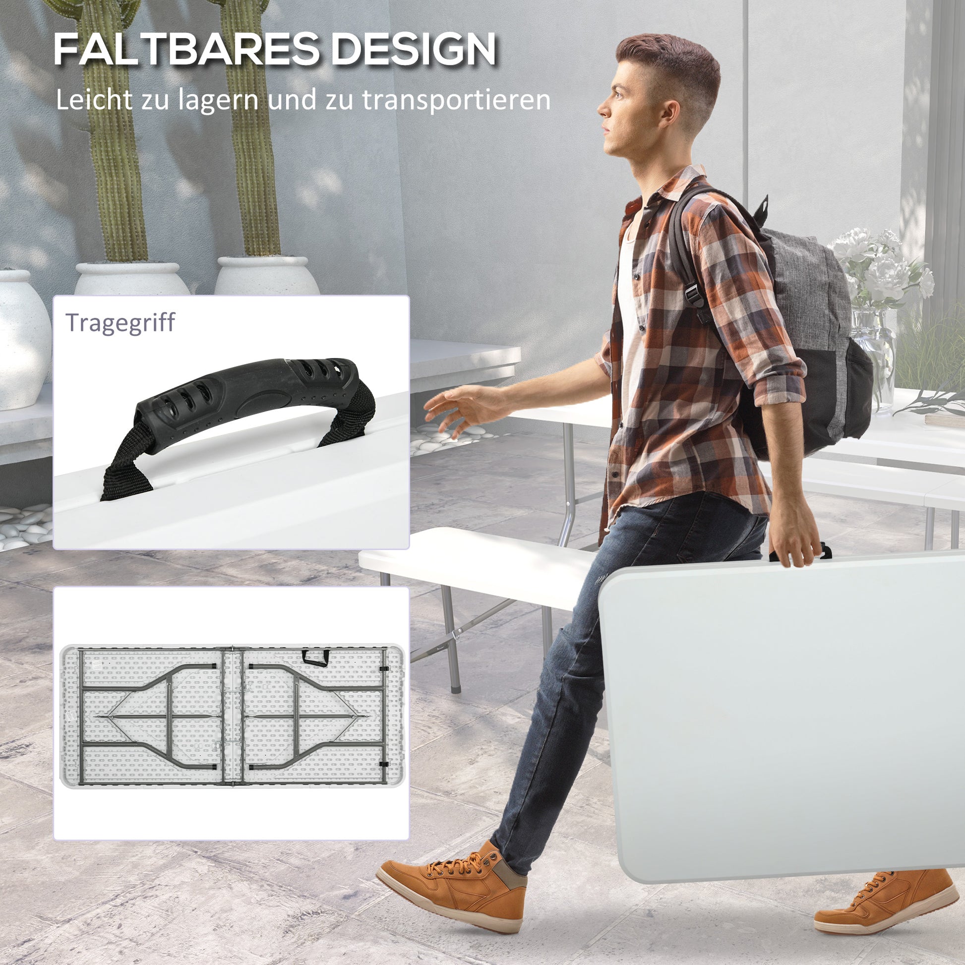 Camping Table Folding Table, Balcony Table for 6 People, Buffet Table for Garden, Holds up to 100 kg, HDPE, White, 180 x 75 x 73 cm