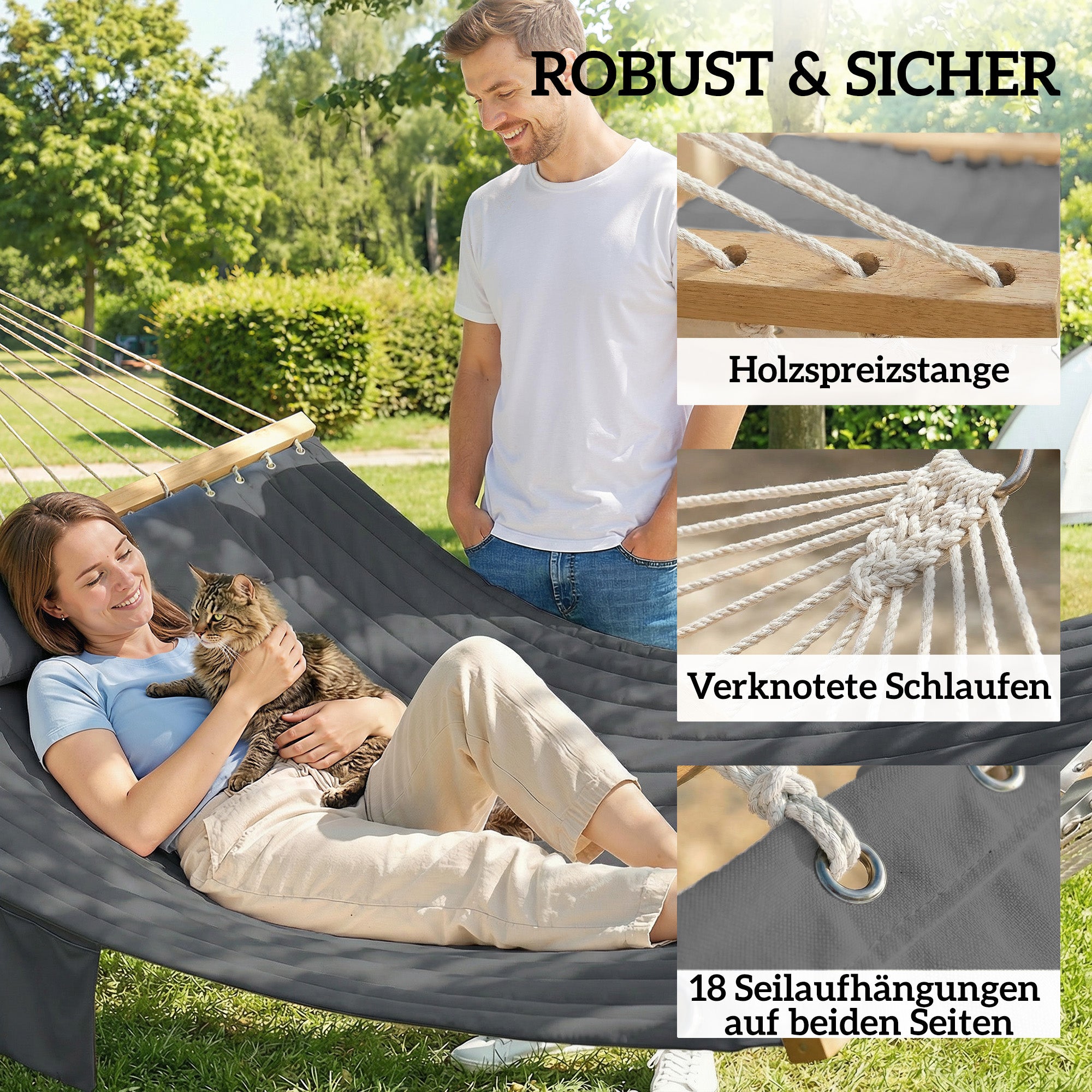 Double Quilted Outdoor Hammock with Headrest, Magazine Pocket & Beech Wood Spreaders, 200 x 140 cm (78.7 x 55 in) — Gray