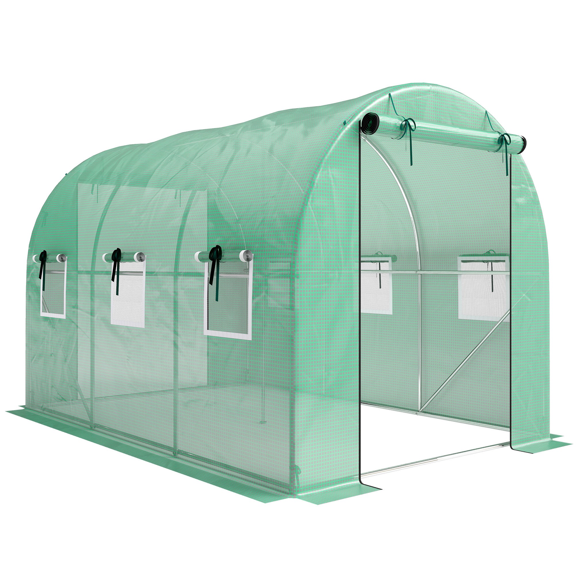 Tunnel Greenhouse 3 x 2 x 2 m with PE Cover, 2 Roll-Up Zip Doors & 6 Mesh Windows, Support Bars, Extended Hems, UV-Protected – Green