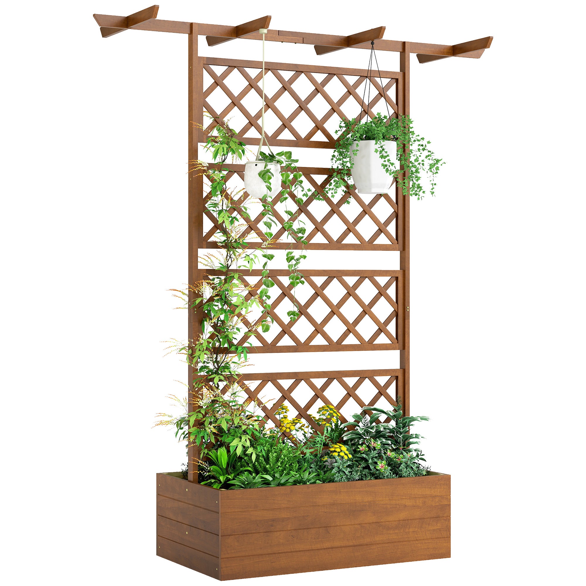 Pine Raised Planter with Trellis & Roof, Raised Garden Bed for Climbers, Balcony & Garden, 63 × 21.7 × 72 in (160 × 55 × 183 cm) - Orange