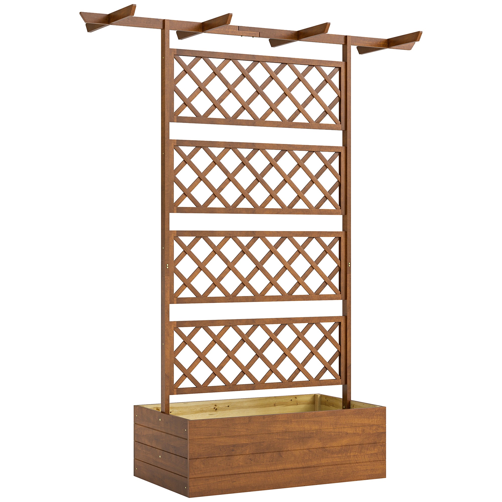 Pine Raised Planter with Trellis & Roof, Raised Garden Bed for Climbers, Balcony & Garden, 63 × 21.7 × 72 in (160 × 55 × 183 cm) - Orange