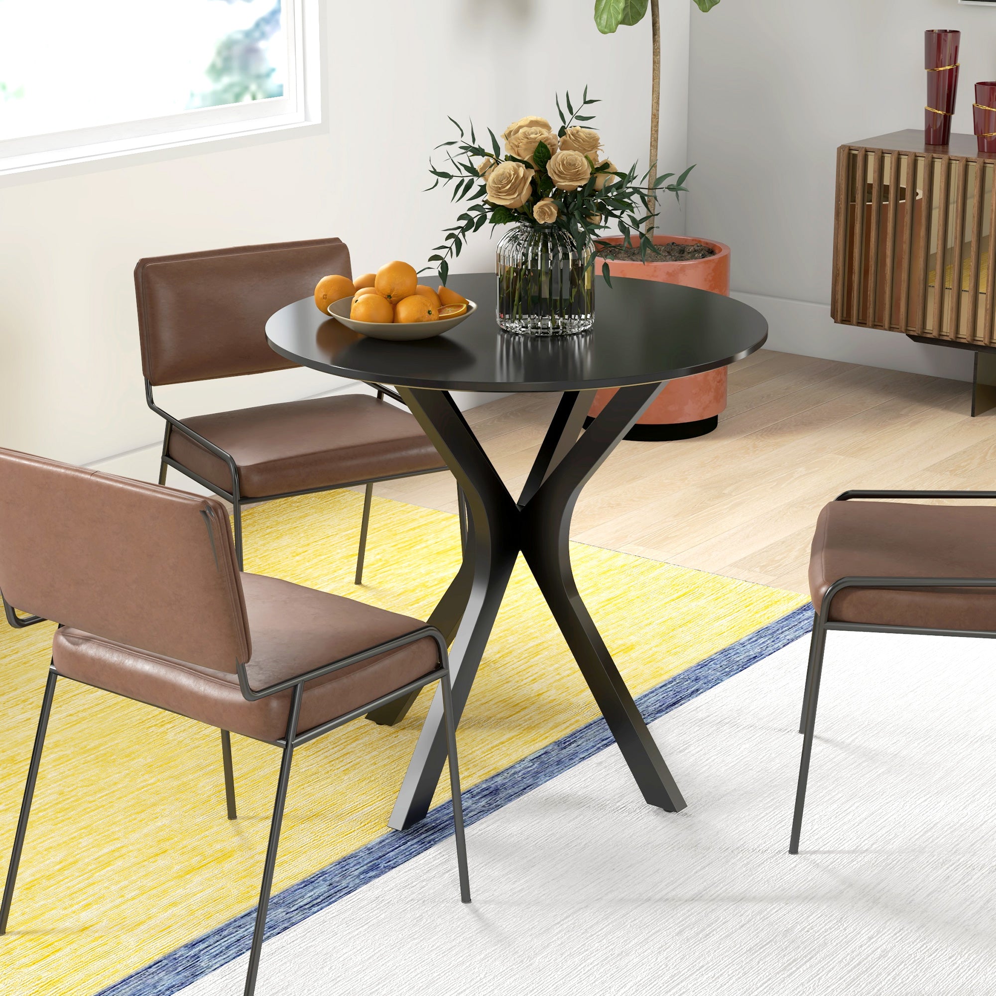 Dining Table 78 x 78 cm Round Kitchen Table for 2 Persons Dining Table with Spider Steel Frame Coffee Table for Kitchen, Dining Room and Living Room Black