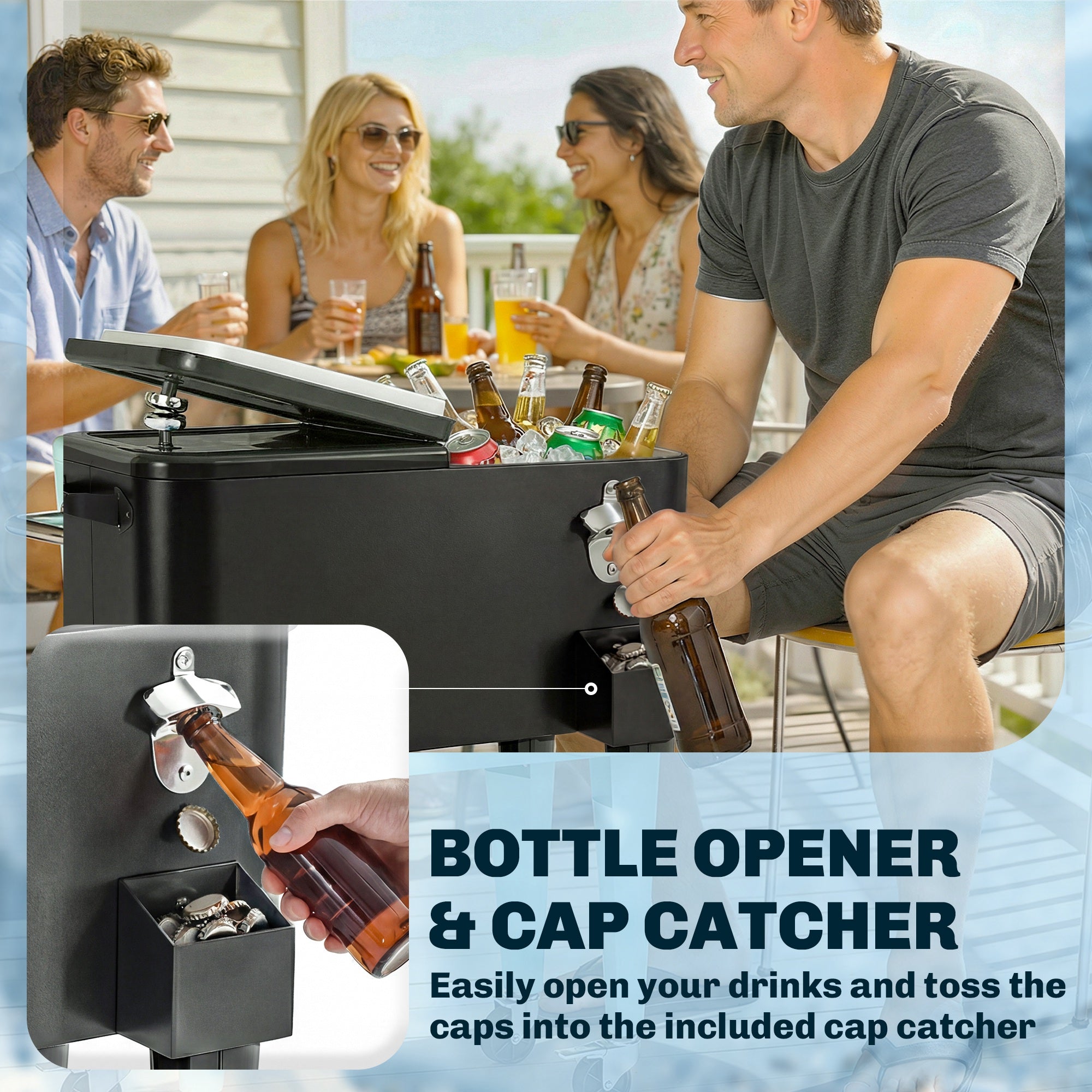 76-Liter Cooler Cart with Shelf, Drain, Wheels, Steel Bottle Opener & Cap Catcher — Black Outdoor Cooler