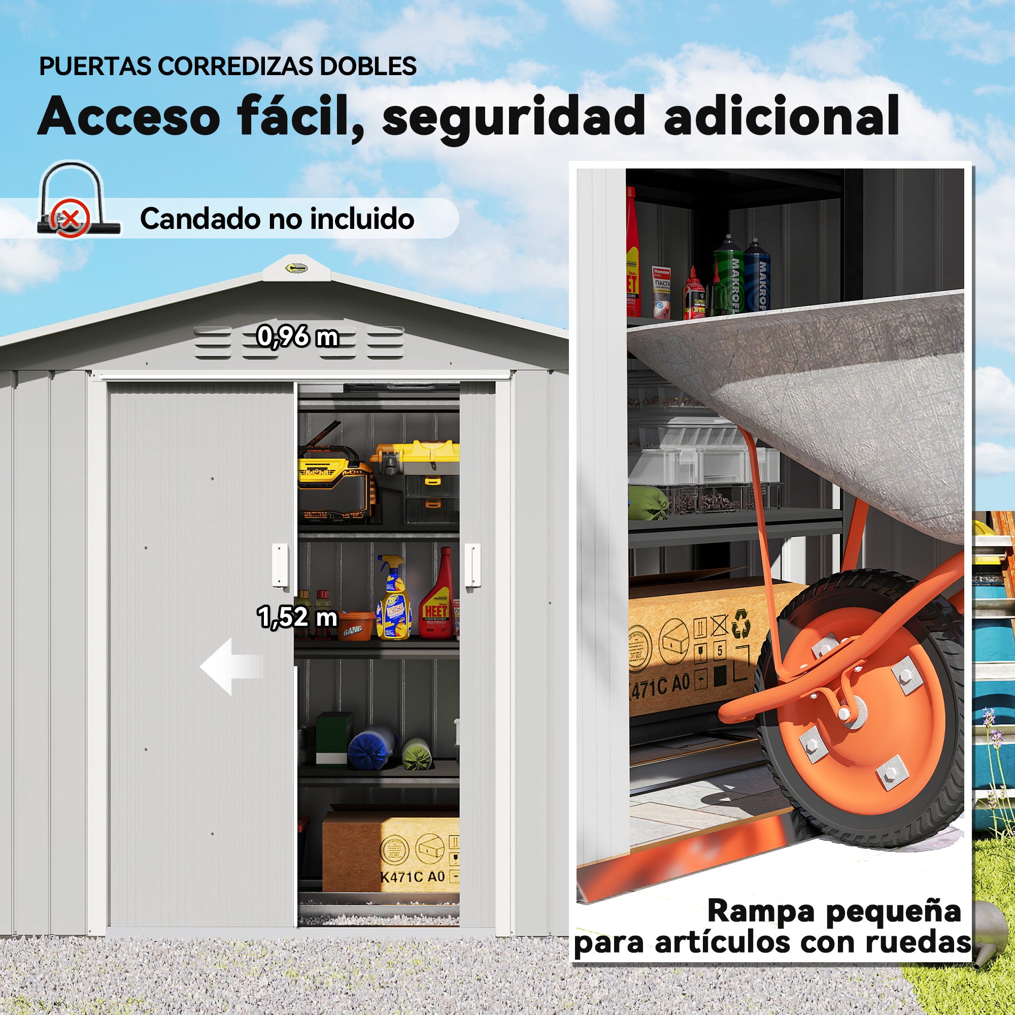 Garden Shed 2.42m² with Reinforcement Base No Floor 213x130x185 cm Outdoor Garden Shed with Sliding Doors Skylight 4 Windows for Tool Storage Gray Silver