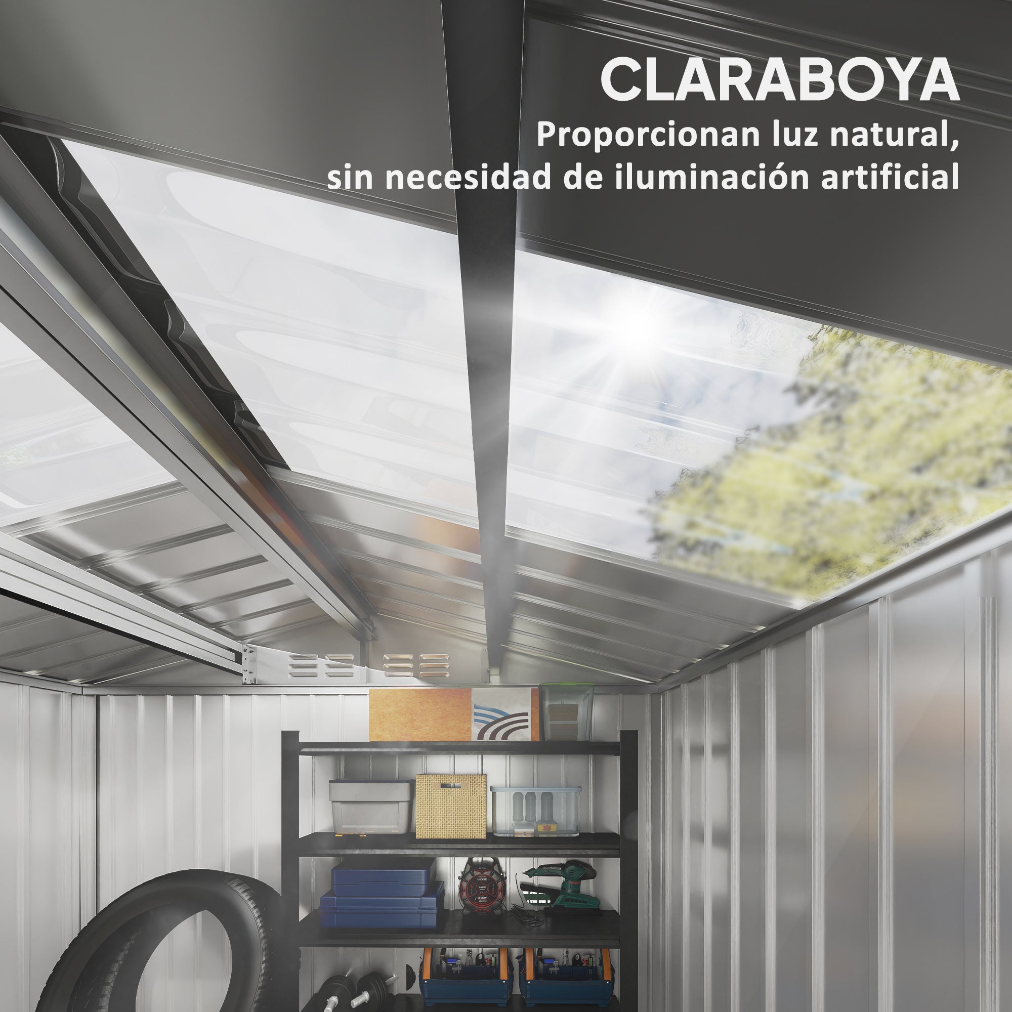 Garden Shed 2.42m² with Reinforcement Base No Floor 213x130x185 cm Outdoor Garden Shed with Sliding Doors Skylight 4 Windows for Tool Storage Gray Silver