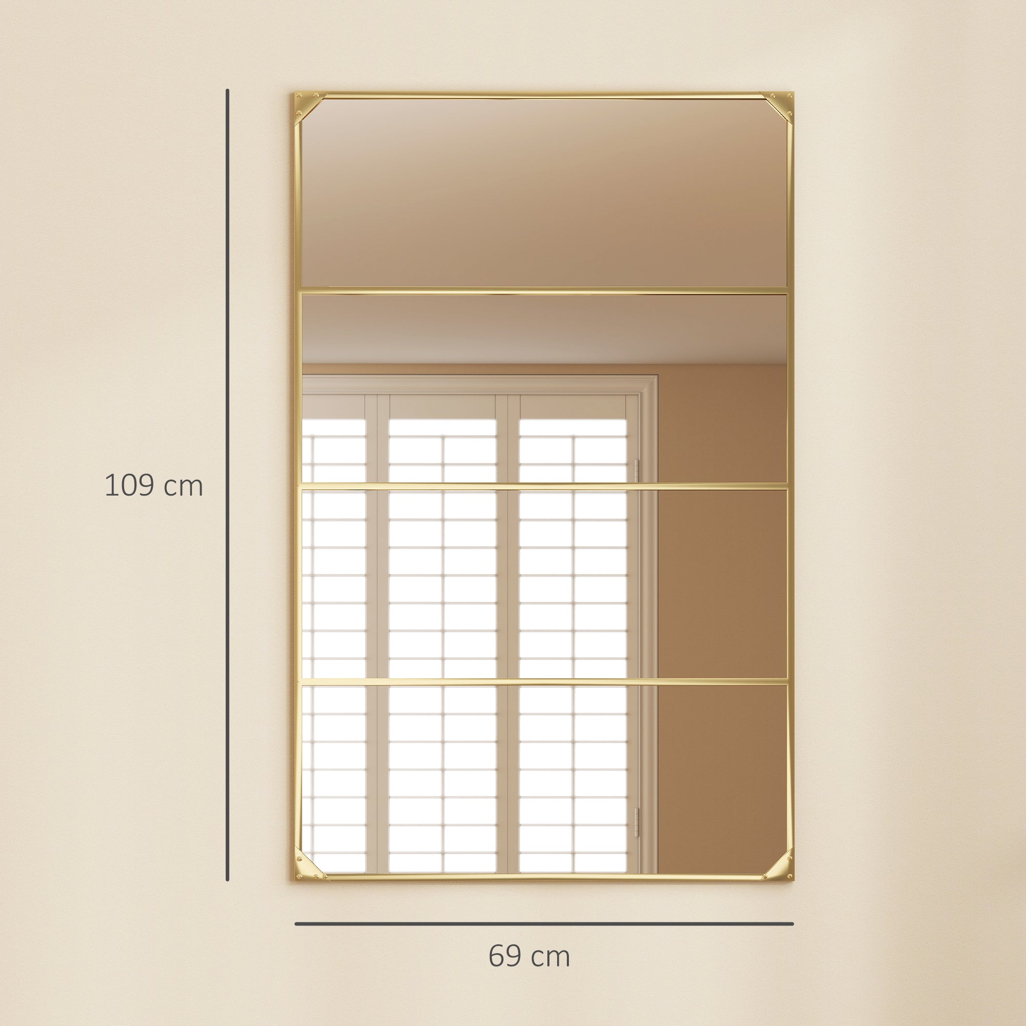Industrial Windowpane Wall Mirror, Gold Metal Frame, Rectangular, Horizontal or Vertical – 42.9" x 27.2" (109 x 69 cm)