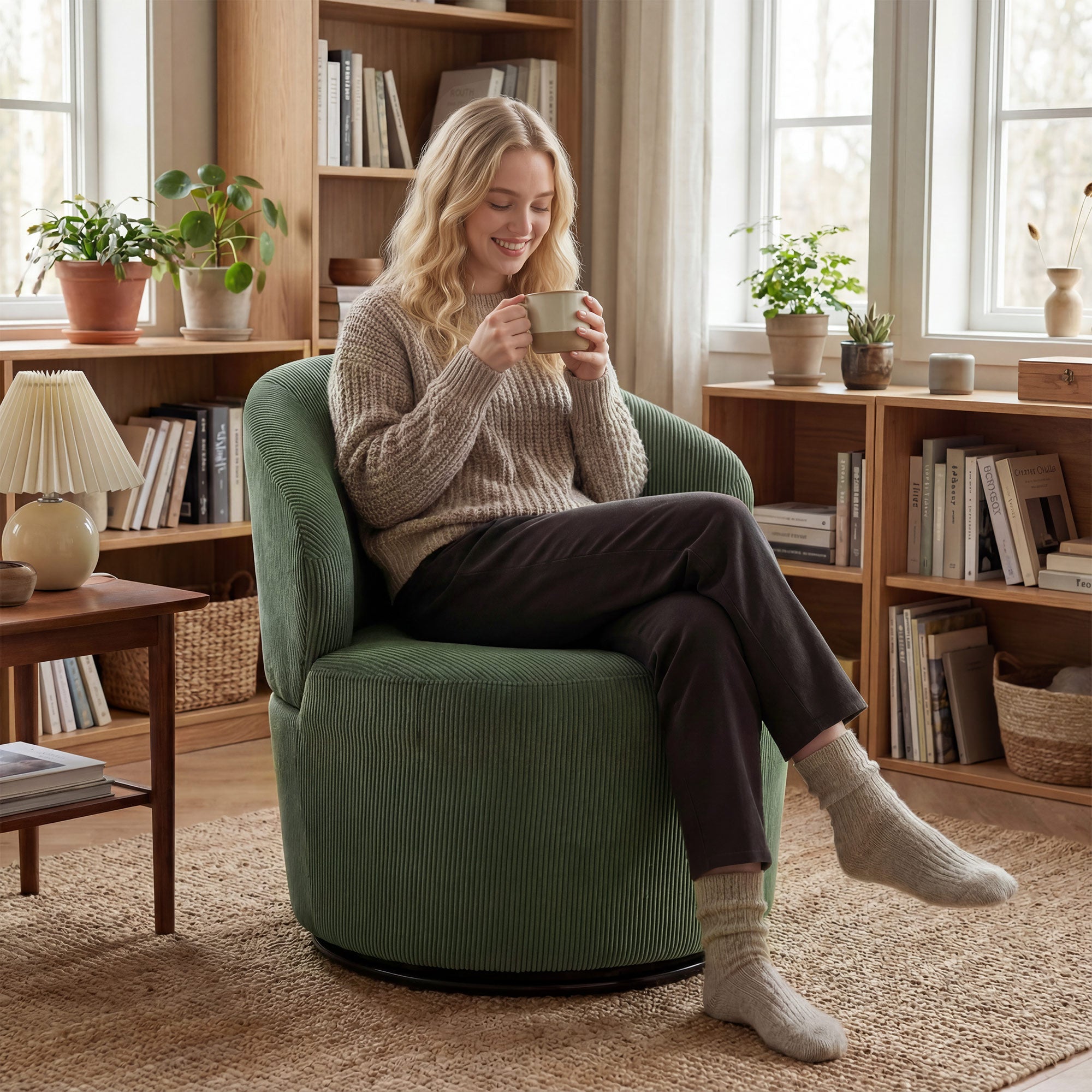 Swivel Lounge Chair with Wide Seat — Modern Upholstered Armchair with Curved Back and Thick Padding, Corduroy Look, Green