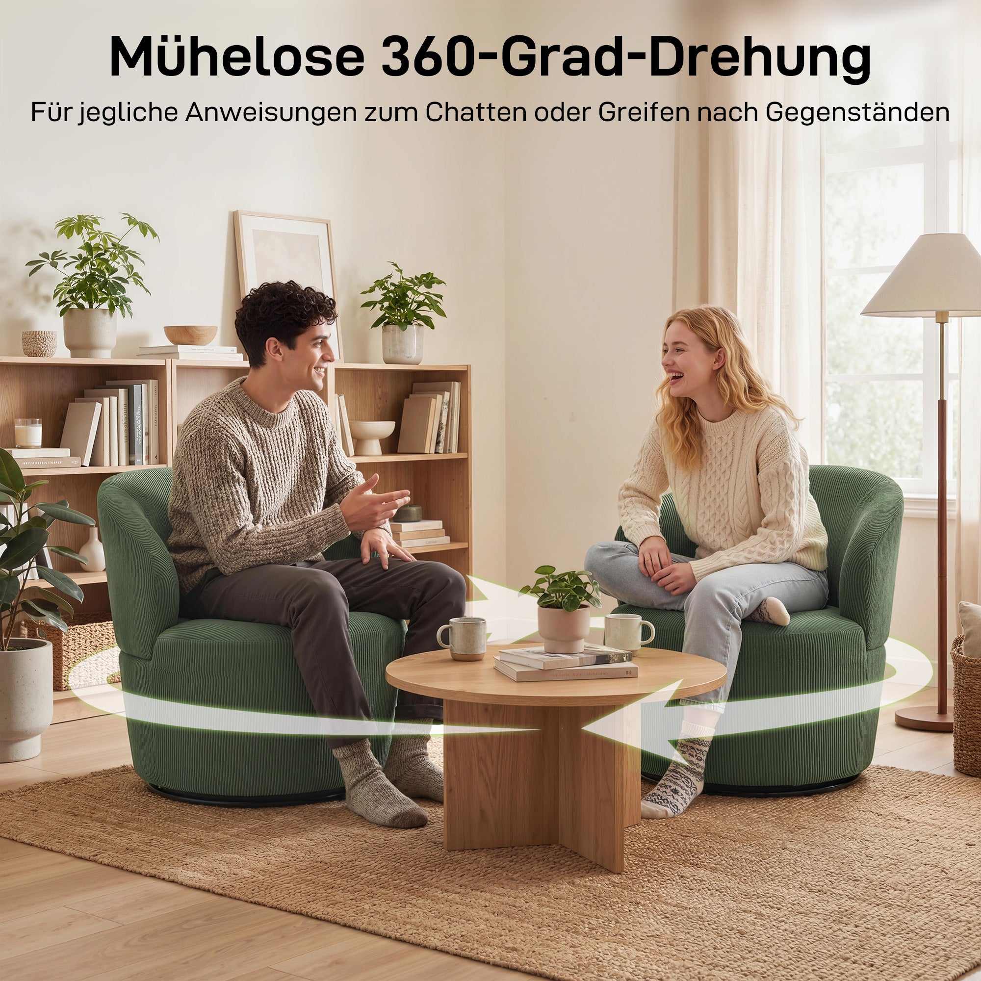 Swivel Lounge Chair with Wide Seat — Modern Upholstered Armchair with Curved Back and Thick Padding, Corduroy Look, Green