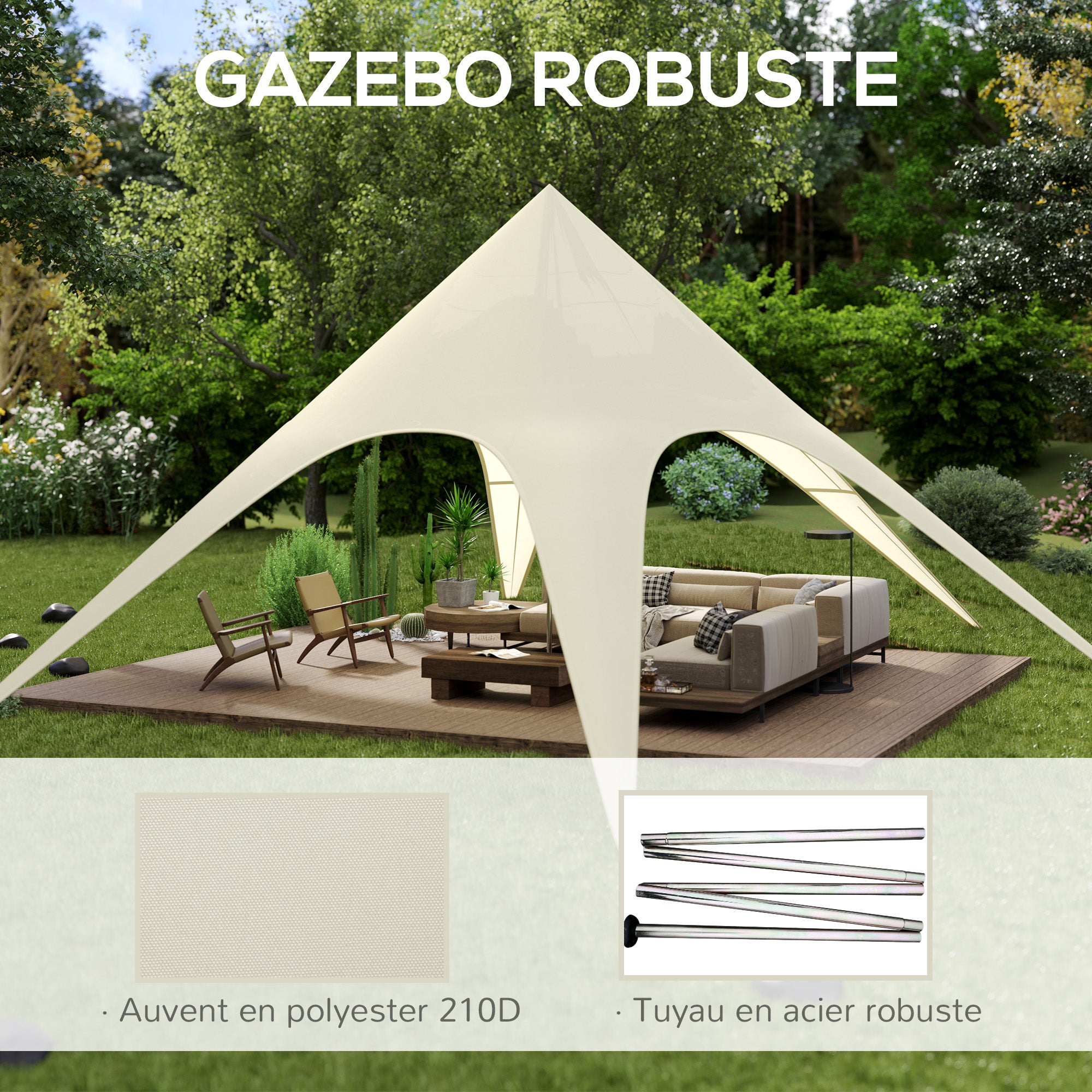 XXL Garden Star Tent Rainproof Shade Sail Camping Canvas 10 x 10 x 4 m High Density 210D Waterproof Beige