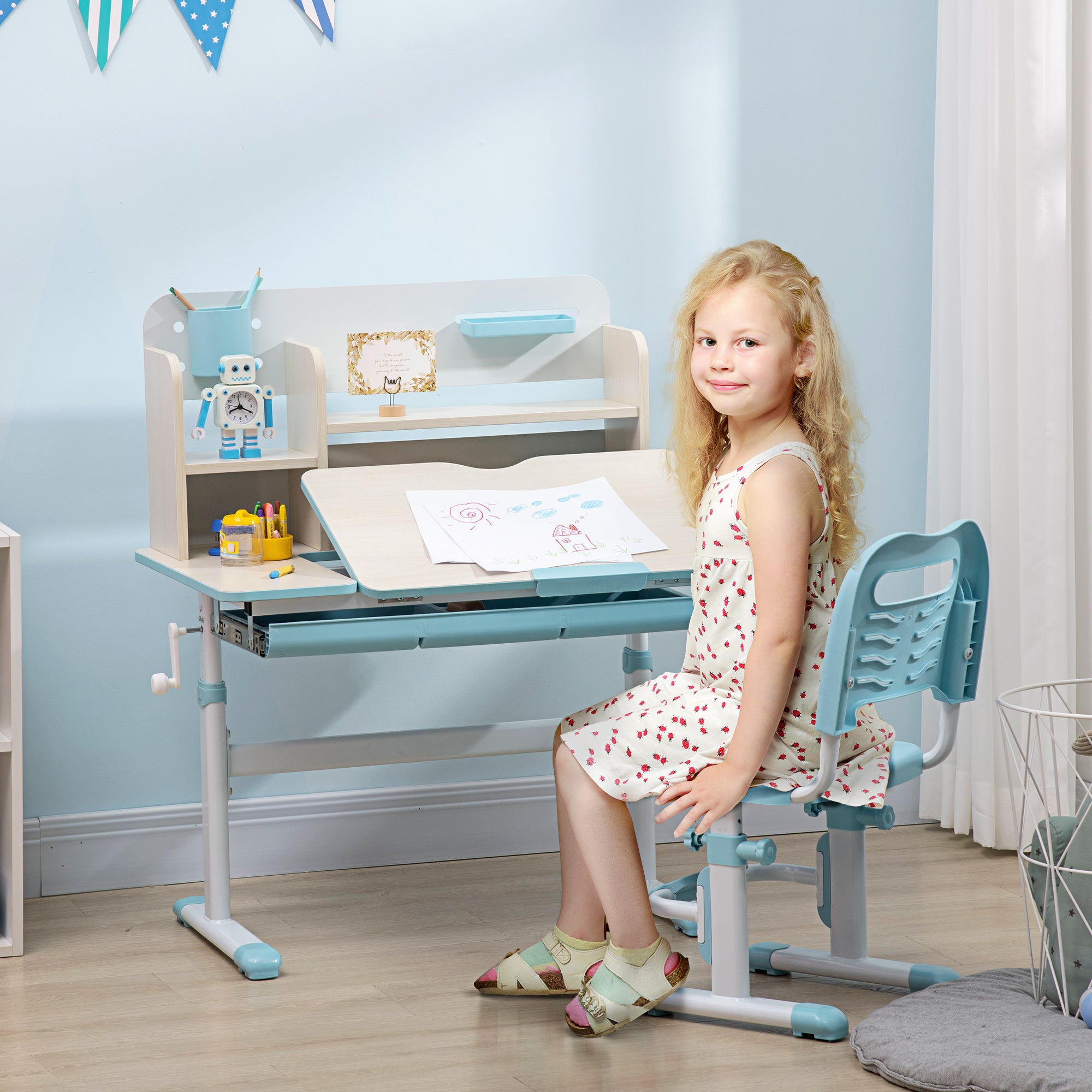 Kids Desk and Chair Set for +3 Years Old with Adjustable Height Children Desk with Tiltable Tabletop Drawer and Bookshelf 80x52x88-109 cm and 35.5x44.5x66-80 cm Blue